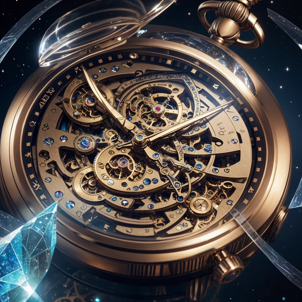 A steampunk space-time pocket watch with a stream of universes flowing into and out of it. The crystal glass surrounding the watch face ((has fractures within it from broken time)). Glass like falling stars spills from the universal watch. 8k resolution holographic astral cosmic illustration mixed media by Pablo Amaringo