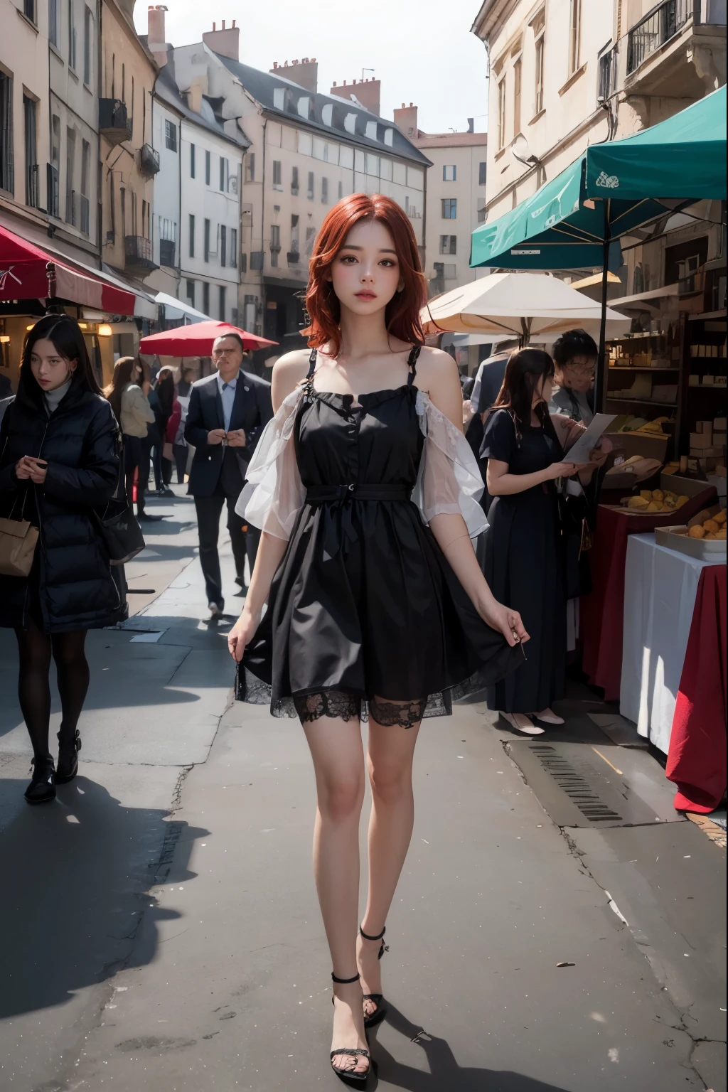 ((best quality)), ((masterpiece)), (detailed), perfect face,red hair,dress,slim,medieval market background,1 woman