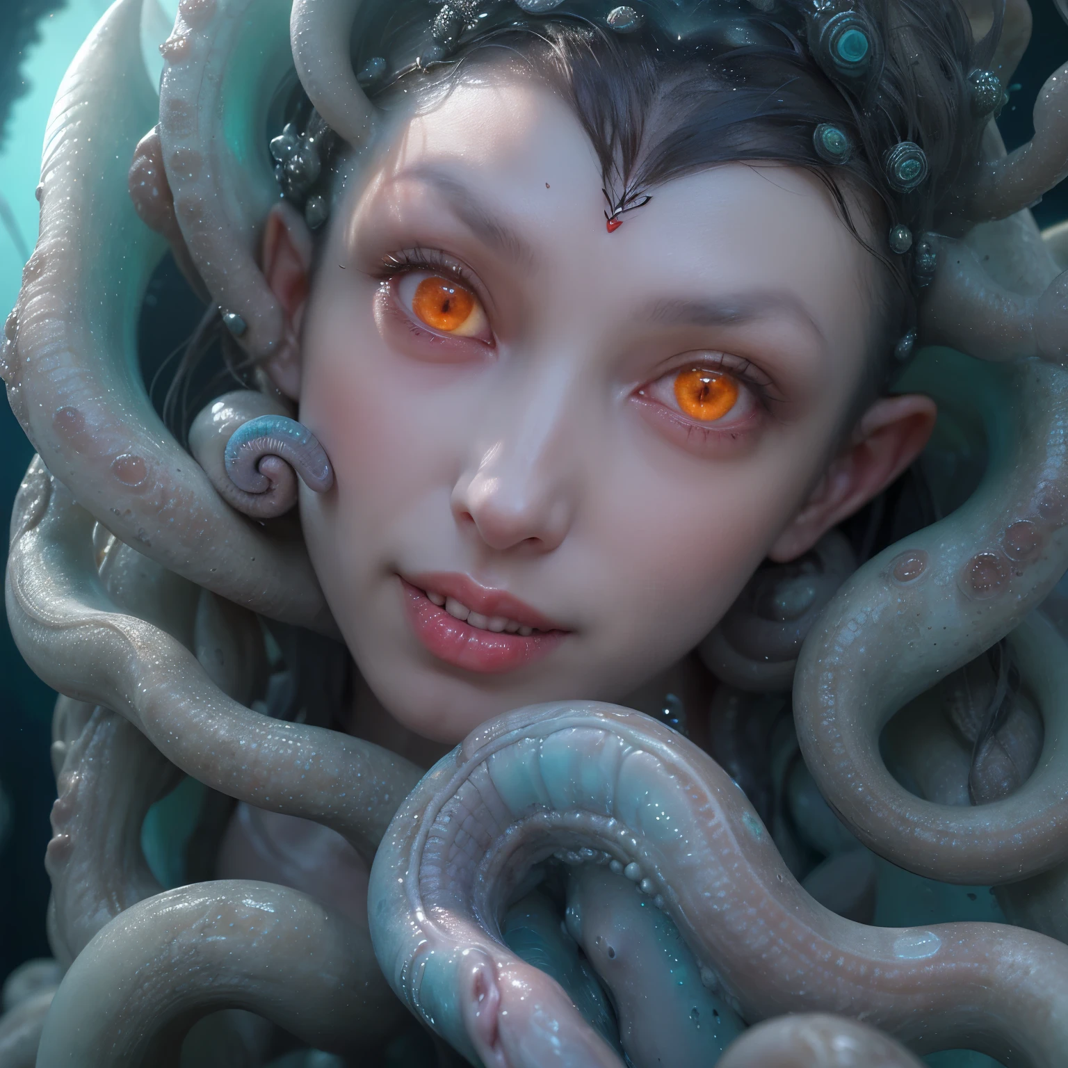 (A portrait of one beautiful and obscene female alien who is a ager:1.4), ((There is a female genital-like organ in the middle of her forehead:1.8)), (realistic face:1.2), pale skin, (Numerous award-winning masterpieces, with incredible detail, textures and maximum detail), artistic photography, midnight aura, unreal engine 5, Ultra Sharp Focus, (art by Amano Yoshitaka:1.5), ArtGerm, Roisch, intricate artwork, ultra realistic realism, high resolution, High freshness, drawing faithfully, official art, Unity 8K Wall paper, ultra detailed artistic photography, dream-like, Creation of fantasy, dream Snail, (biopunk nautilus:1.3),Thrilling color schemes, Amazing mutation, well-proportioned body, (The goddess of the deep sea:1.5), fractal, Geometric pattern, impossible figures, (a lot of translucent black tentacles with luminescent organs:1.4), subtle emerald green accents, (smiling seductively:1.3),(She has the most beautiful face in the history of the universe:1.5), (she is looking down at viewers with glowing orange eyes with no pupils:1.3), an evil gaze that seduces, cinematic lighting, (no makeup:1.3), (Vampire-like long canine teeth can be glimpsed through the gap between the cute lips:1.5), in the hall of the palace, Sweet breath is exhaling from beautiful lips, ecstatic expression