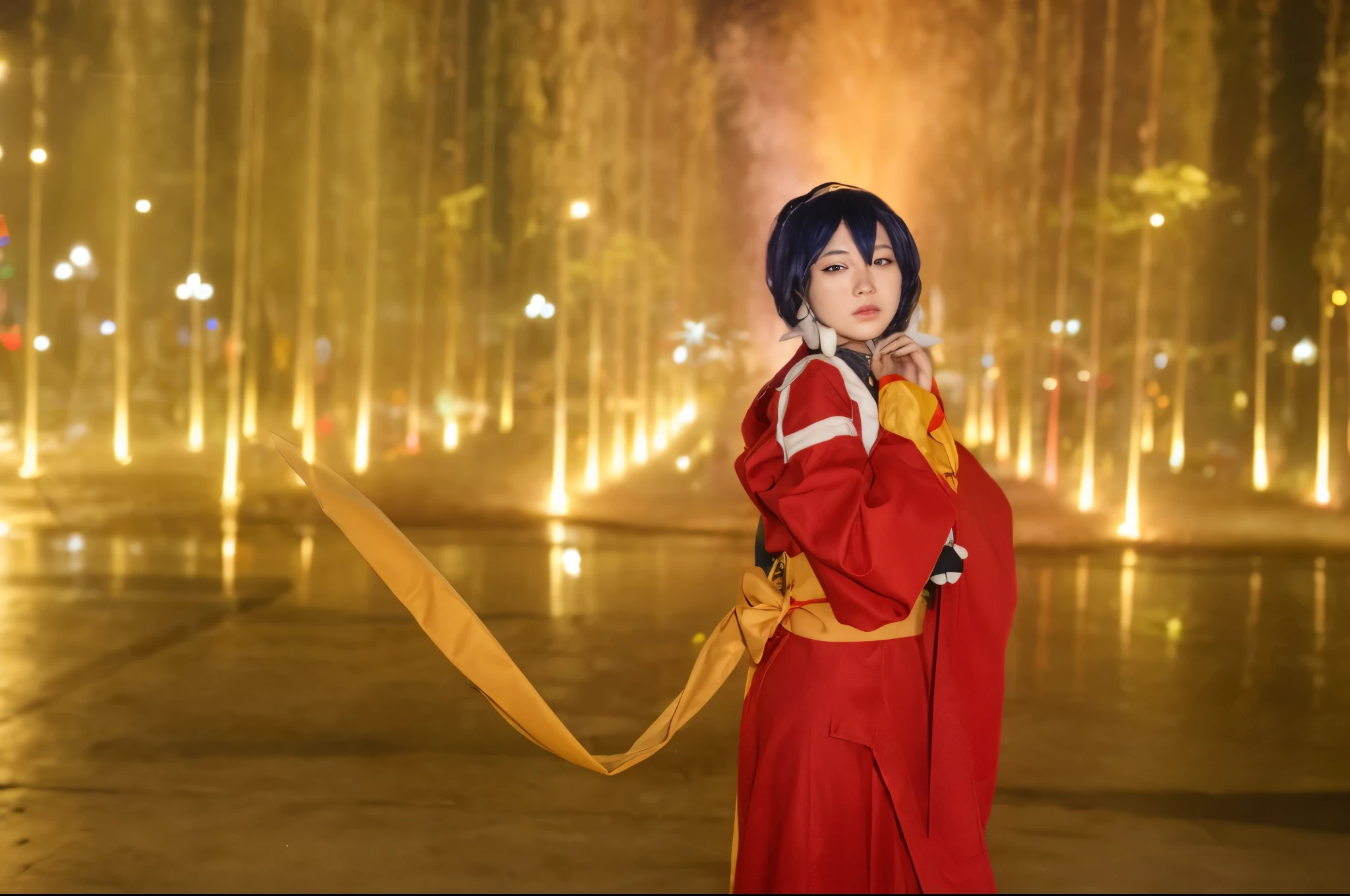 there is a woman in a red dress holding a yellow ribbon, anime cosplay, ayaka cosplay, anime girl cosplay, megumin from konosuba, professional cosplay, cosplay photo, megumin, cosplay, inspired by Li Mei-shu, cosplayer, wearing gilded red robes, aqua from konosuba, zhongli from genshin impact, ((realisitc)), (4k), ((ultra quality)), ((perfect eyes)), ((perfect face))