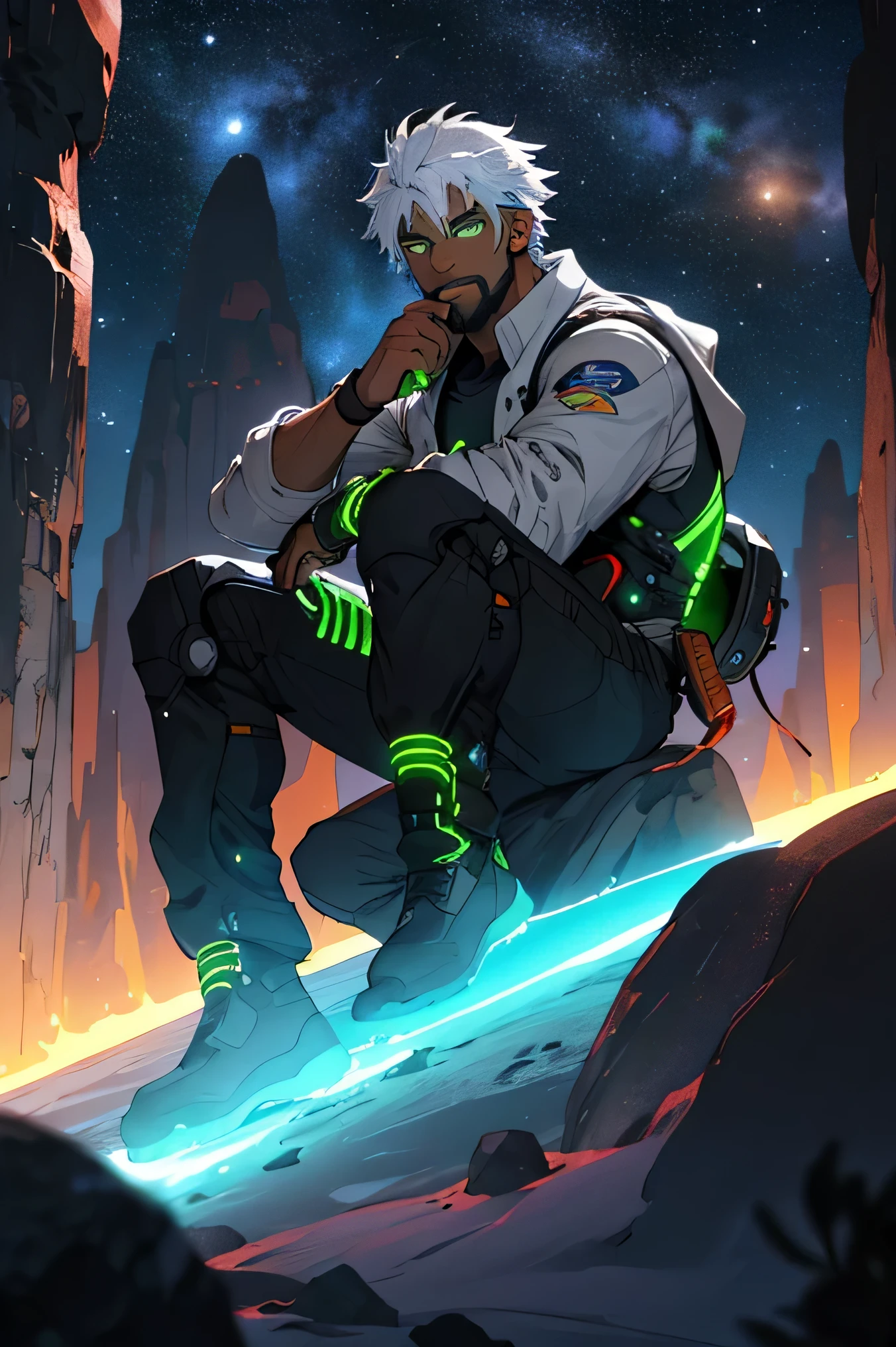 Draw a young programmer, sitting on a research platform floating in the middle of an asteroid belt. He is studying with a notebook, surrounded by several asteroids glowing with fiery auras. Dramatic lighting from distant stars and planets illuminates the scene, casting deep shadows on the suit. The young man looks confident and determined, looking at the vast and mysterious universe with wonder and respect,facial hair, cowboy shot, dark skin, short white hair, neon green eyes