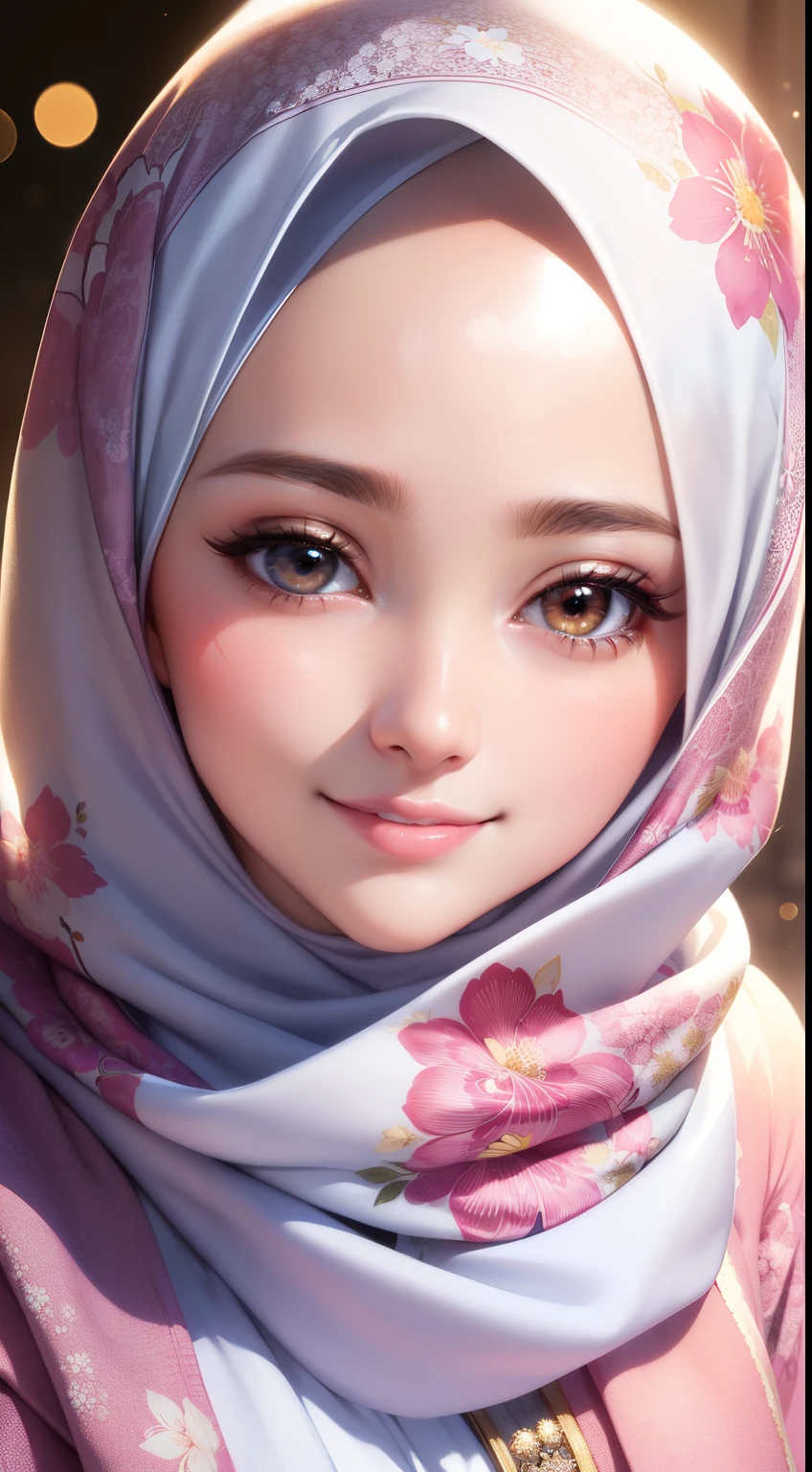 masterpiece, best quality, beautiful detailed face, perfect feminine face, (happy:1.2), smiling, (close-up potrait:1.2), face focus, a beautiful and cute woman  with sakura blossom print hijab, pashmina hijab, pashmina sabyan hijab, white hijab, young lady, solo, 1 woman , shiny skin, lens flare, sharp focus, volumetric lighting