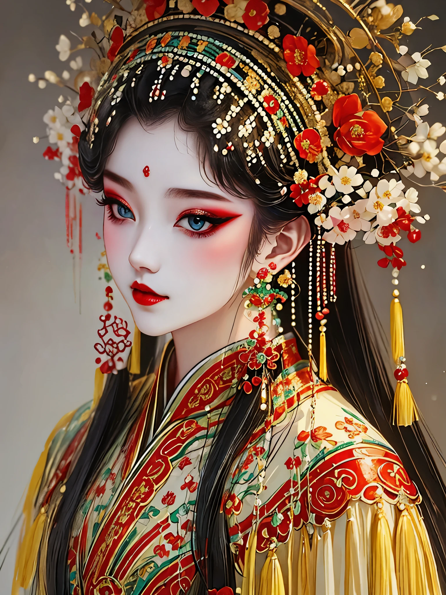 (masterpiece, best quality:1.2),1 girl,beautiful，portrait，Chinese Peking Opera，Gorgeous costumes，Exquisite headdress，flower headdress，tassel，pearl，clean background，blue，Red，green