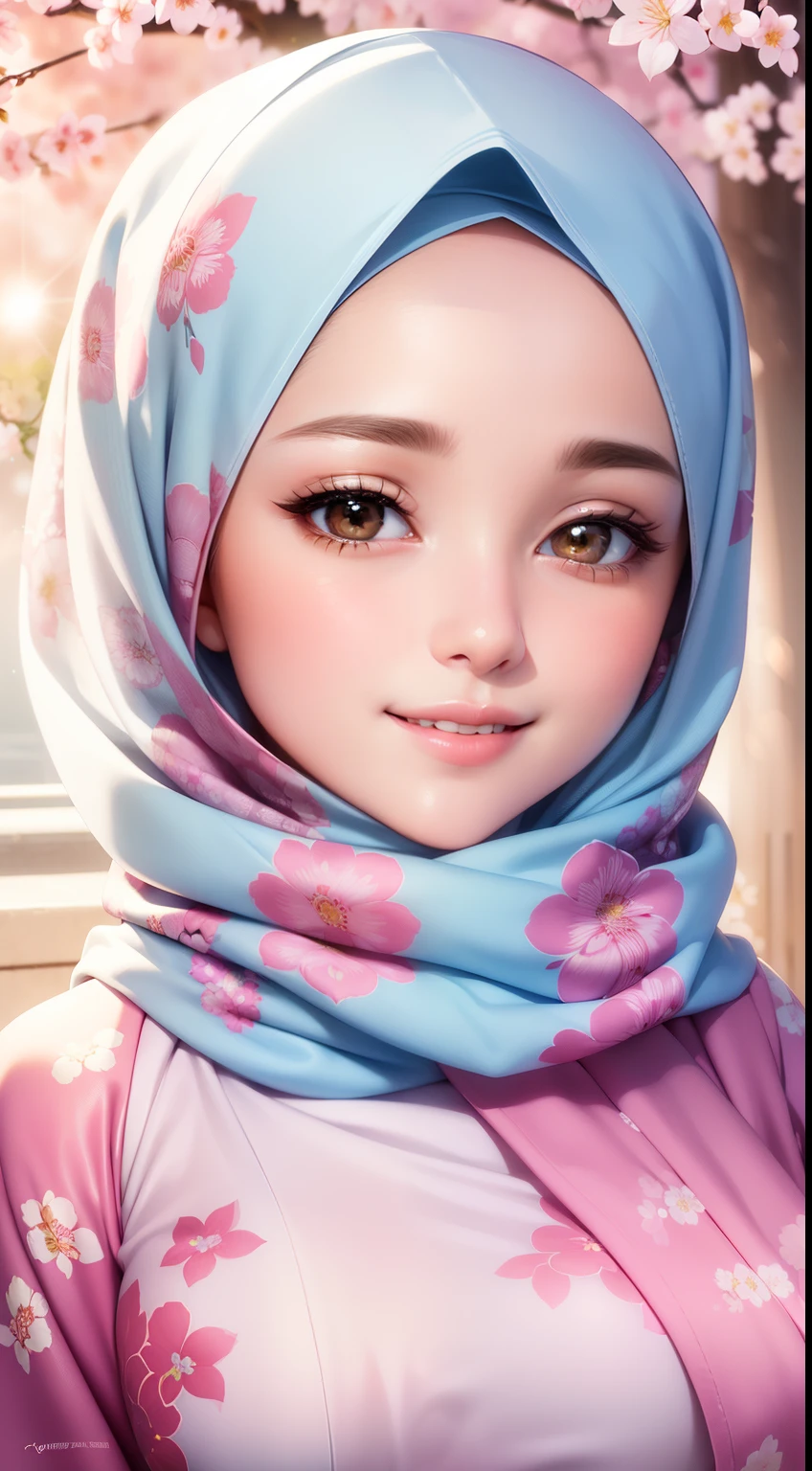 masterpiece, best quality, beautiful detailed face, perfect feminine face, (happy:1.2), smiling, (close-up potrait:1.2), face focus, a beautiful and cute woman  with sakura blossom print hijab, pashmina hijab, pashmina sabyan hijab, white hijab, young lady, solo, 1 woman , shiny skin, lens flare, sharp focus, volumetric lighting