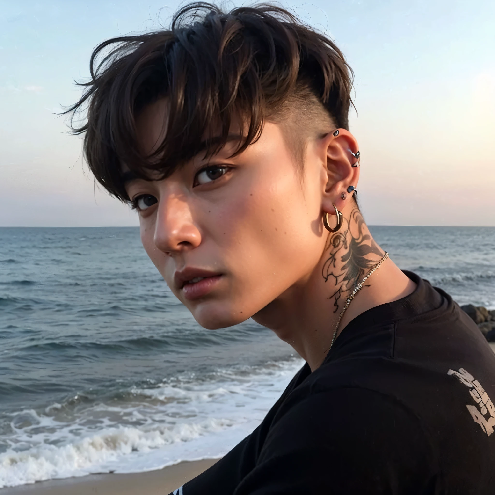 chiseled man with neck and neck tattoos sitting on a beach, Jungkook, Ulzzang masculino, inspirado em Jeon jungkook, imagem de perfil, Jinyoung Shin, hyung ungkook , headshot imagem de perfilture, homem sul-coreano, handsome prince and androgynous, jungkook\labios carnudos, pale and masculine face, esbelta
