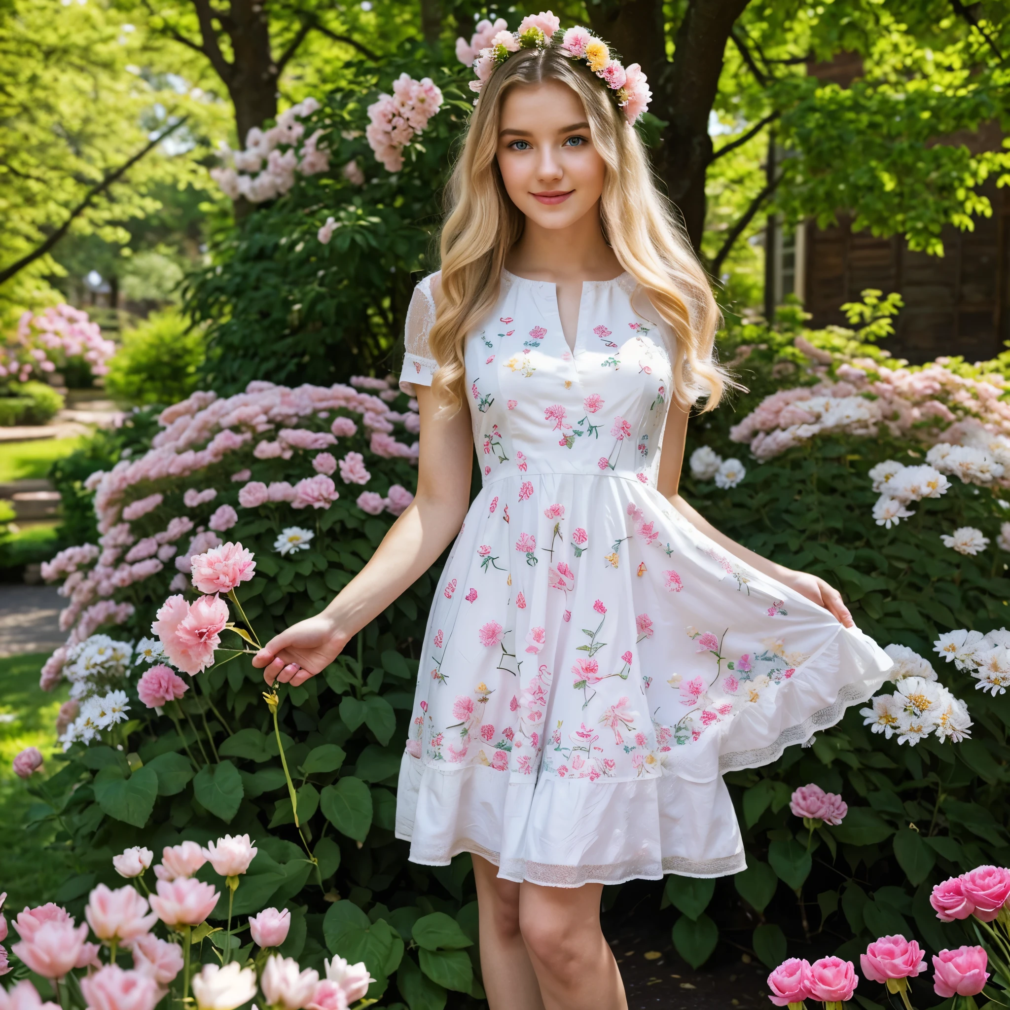 A full-length image of an 18-year-old girl, blonde long wavy hair, slender, fair-skinned, height 167cm, white dres. The girl has mesmerizing blue eyes and rosy cheeks. She has a gentle smile on her face and her lips are softly colored with a light pink lipstick. The girl is holding a bouquet of colorful flowers in her hands, with a variety of blossoms including roses, daisies, and tulips. The garden is filled with vibrant and lush greenery, with tall trees providing shade and a peaceful atmosphere. The sunlight filters through the leaves, creating dappled patterns on the ground. The flowers are in full bloom, with petals of different sizes and colors covering the landscape. The girl's dress is made of flowing white fabric, adorned with delicate floral embroidery. The dress flows gracefully as she stands among the flowers, adding to the sense of movement in the scene. The image is of the highest quality, with ultra-detailed textures and realistic lighting. The colors are vivid and vibrant, capturing the beauty of nature in its purest form. The overall tone of the image is soft and warm, with a touch of a dreamlike atmosphere. The prompt ends here.