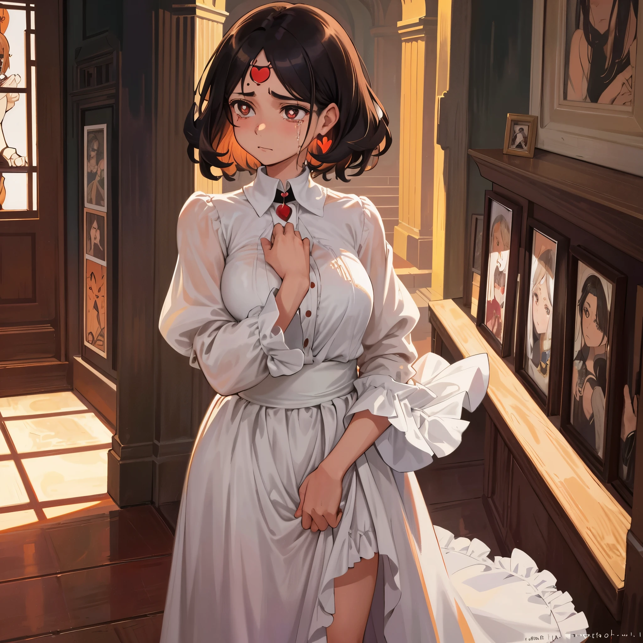 In the masterpiece "Obra Maestra: 1.2," of superior quality and high resolution, a naked woman in her 30s, with brown eyes and a sign of peace on her forehead, is depicted in an extremely detailed background. Her short, curly hair, hearts-shaped pupils, and glass-wearing children look on, startled, as she stands before an altar. The woman's large, turgid breasts are visible beneath her white, bloodstained blouse. The mancha de sangre: 1.1, horrified expression, black corbata, and mancha de camisa are also apparent. One young girl, with tears streaming down her face,