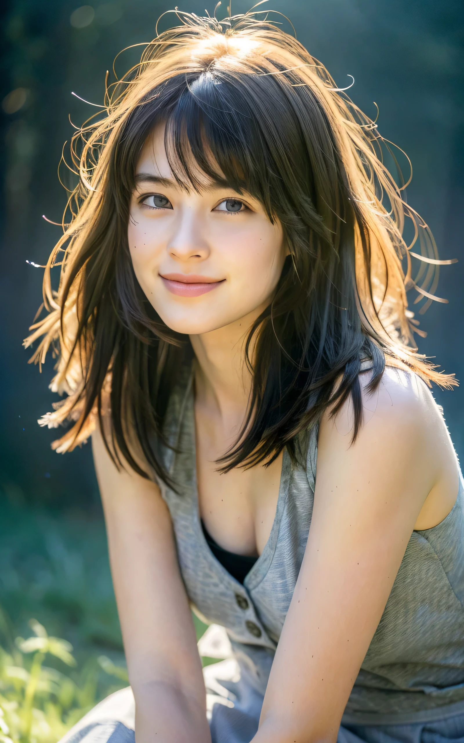 photo-realistic, surreal, cinematic lighting, 32K, 1 girl, (lost heart:1.2), shy smile, Backlight, bright light, (Improvement of quality:1.4), (Highest quality realistic textured skin:1.4), detailed eyes, detailed face, medium hair, hair blowing in the wind, bangs, Tank top, skirt, (Enhances the beauty of skin texture:1.1), matte texture, misty morning forest,