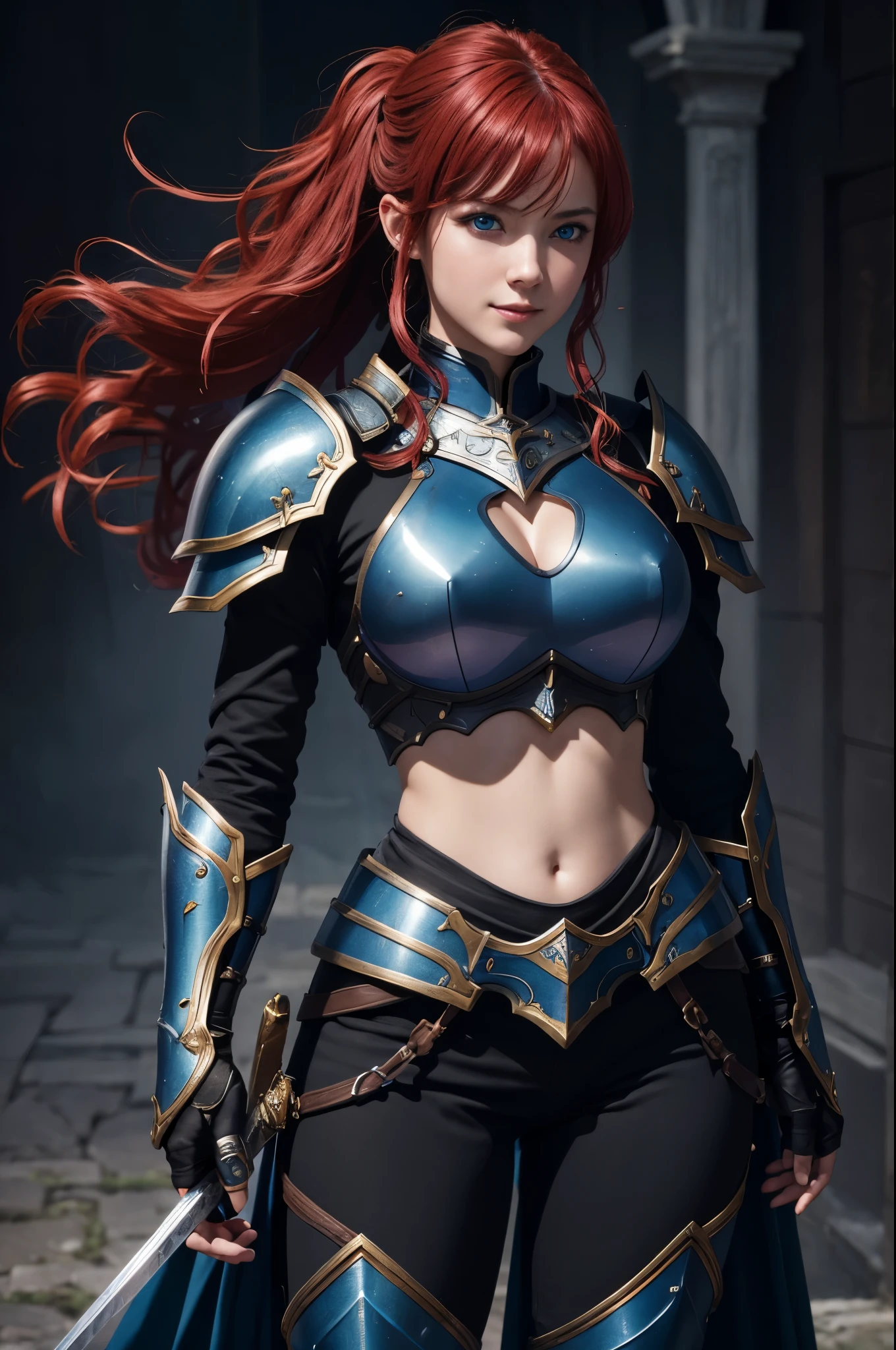 8k,ultra high resolution,((best image quality)), ((masterpiece)), (high detail:1.3), Jeanne d'Arc,paladin,blue eyes,red hair perm hair blue,woman wearing black armor(精密な金色のpaladinの紋章の細工)、cleavage,We also paid special attention to the decoration of the chest armor..、beautiful expression,Charm,sexy,super beautiful(like the real thing),carry a large and long sword,smile,luxury black pants,blue-black shoulder armor,blue-black armor,blue-black leg armor,masterpiece,Photorealistic RAW photos of the highest quality。bright colors,rich colors, Backlight, cinematic lighting, film grain, to be born, 50mm lens, Nikon D850,realistic skin,fantasy art,character art,ultra high resolution,