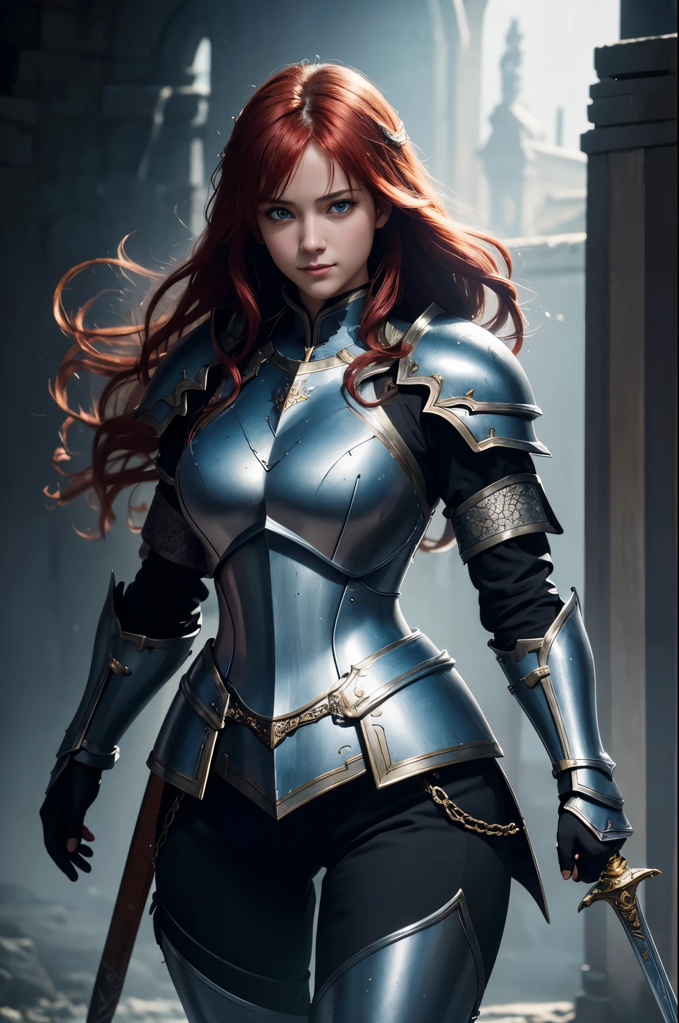 8k,ultra high resolution,((best image quality)), ((masterpiece)), (high detail:1.3), Jeanne d'Arc,paladin,blue eyes,red hair perm hair blue,woman wearing black armor(精密な金色のpaladinの紋章の細工)、cleavage,We also paid special attention to the decoration of the chest armor..、beautiful expression,Charm,sexy,super beautiful(like the real thing),carry a large and long sword,smile,luxury black pants,blue-black shoulder armor,blue-black armor,blue-black leg armor,masterpiece,Photorealistic RAW photos of the highest quality。bright colors,rich colors, Backlight, cinematic lighting, film grain, to be born, 50mm lens, Nikon D850,realistic skin,fantasy art,character art,ultra high resolution,