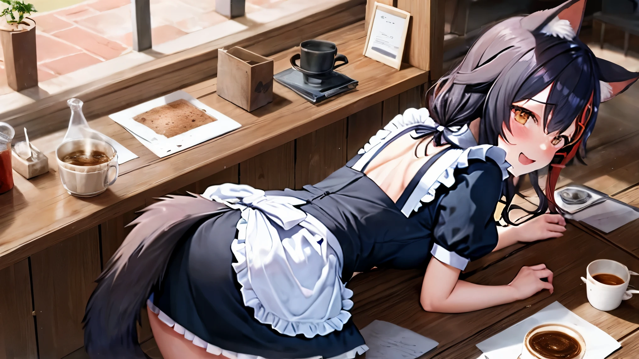 NSFW,Hololive,Mio Okami,dog ears,dog tail,Maid clothes,coffee shop