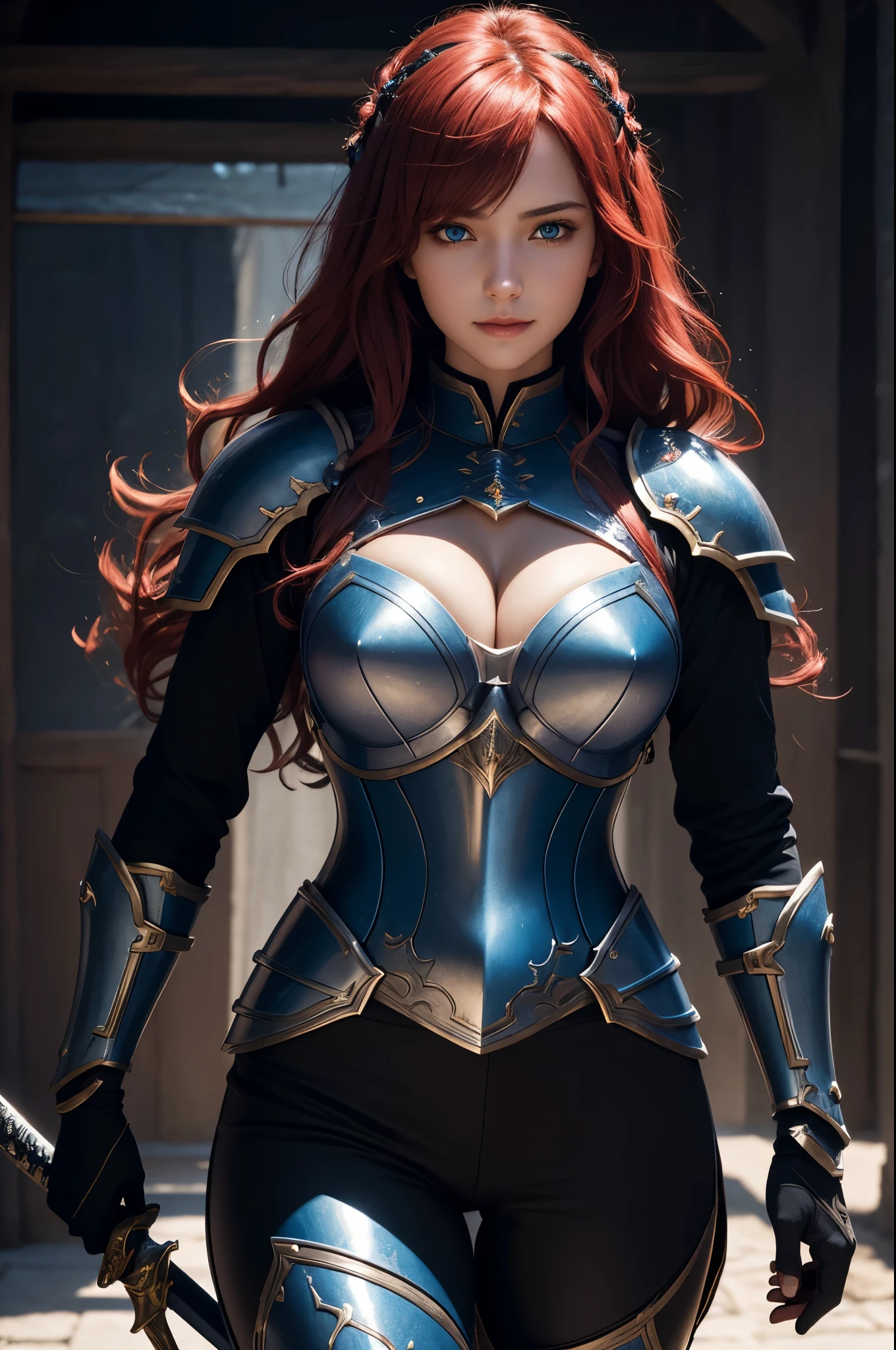 8k,ultra high resolution,((best image quality)), ((masterpiece)), (high detail:1.3), Jeanne d&#39;Arc,paladin,blue eyes,red hair perm hair blue,woman wearing black armor(精密な金色のpaladinの紋章の細工)、cleavage,We also paid special attention to the decoration of the chest armor..、beautiful expression,Charm,sexy,super beautiful(like the real thing),carry a large and long sword,smile,luxury black pants,blue-black shoulder armor,blue-black armor,blue-black leg armor,masterpiece,Photorealistic RAW photos of the highest quality。bright colors,rich colors, Backlight, cinematic lighting, film grain, to be born, 50mm lens, Nikon D850,realistic skin,fantasy art,character art,ultra high resolution,