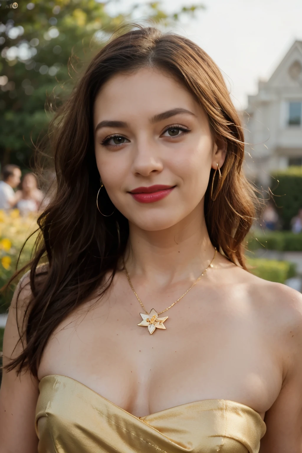 ((melhor qualidade)), ((obra de arte)), (detalhado), rosto perfeito,render,perfect makeup,egyptian eye liner,vivid red lipstick,red dust on cheeks,gold powder above eyes,shiny hair,perfect hair,red hair,big  smile,extremely happy,gems necklace,studio light,floral dress, walking in a public garden, yellow flowers