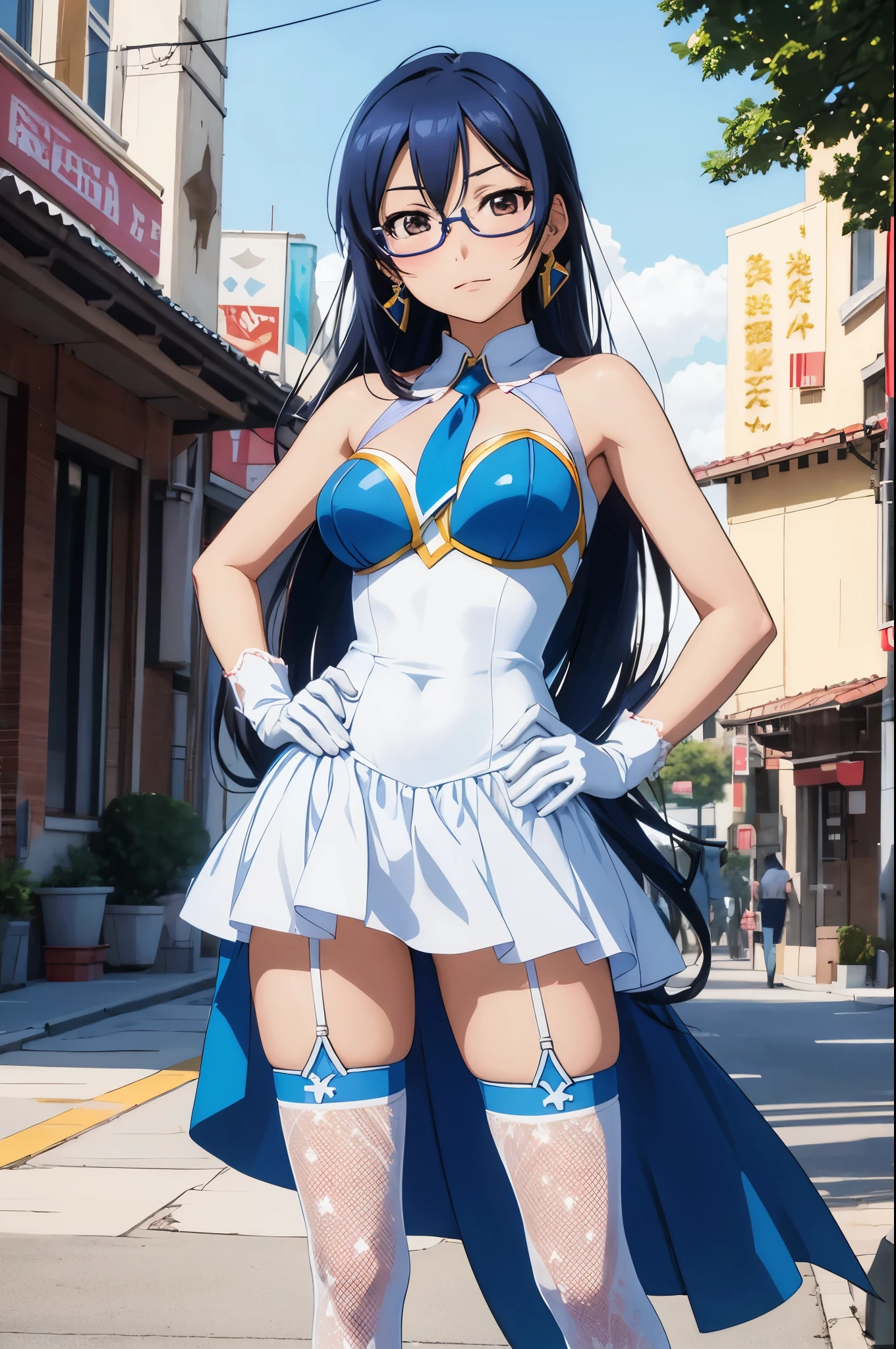 Solo, cowboy shot,Sonoda umi,(white and blue leotard), magical girl glasses, earrings, thighhighs breasts,outdoors,day,hand on hip