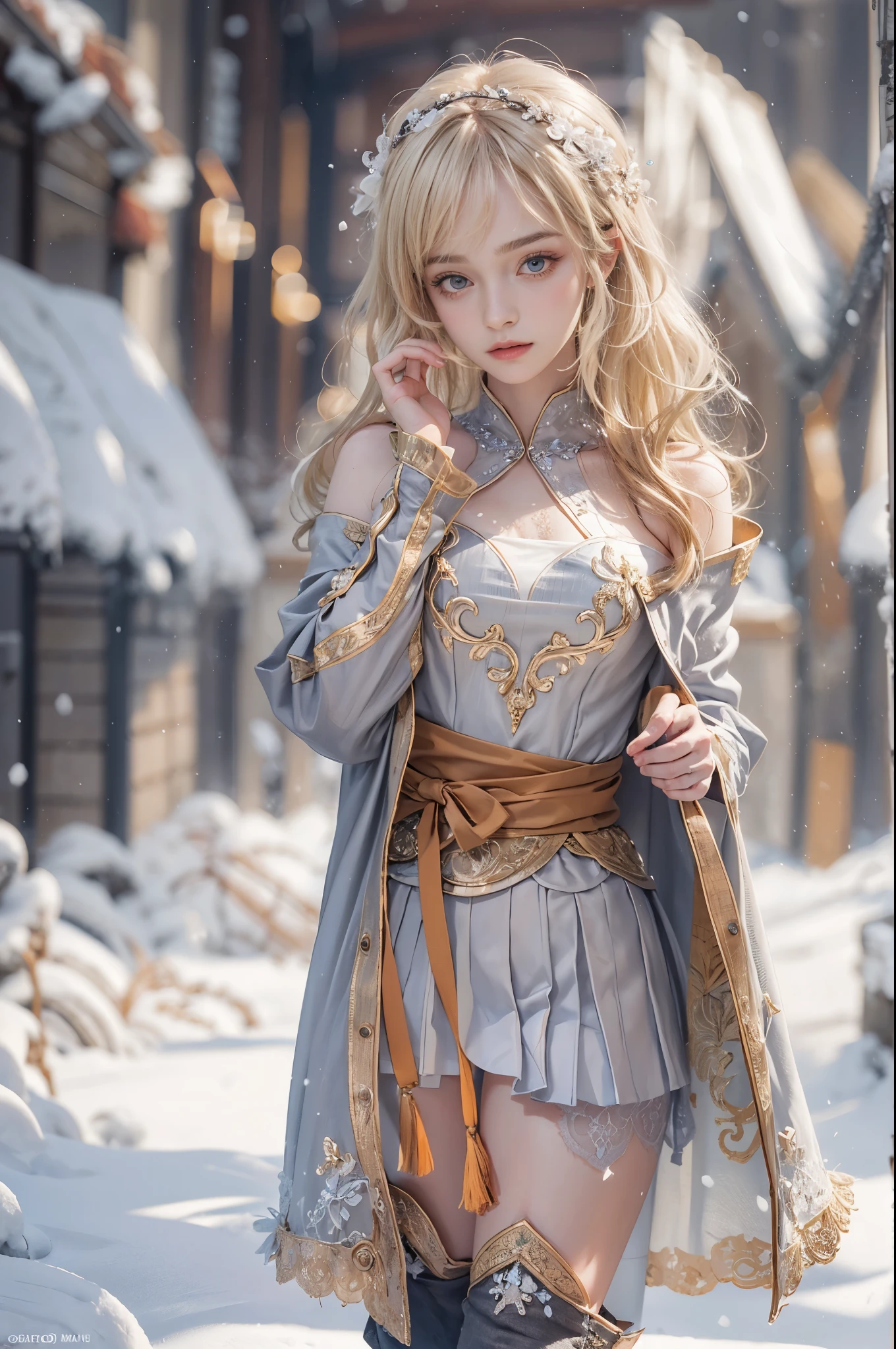 masterpiece, best quality, high quality, High definition, High quality texture, High quality shadow, high detail, beautiful detailed, finely detailed, extremely detailed cg, detailed texture, a realistic representation of the face, realistic, colorful, delicate, sharp focus, (intricate details, makeup, PureErosFace_V1:0.5), (detailed beautiful delicate face, detailed beautiful delicate eyes, a face of perfect proportion, high detailed skin, detailed skin, best ratio four finger and one thumb, skiny and thin:1.3), 1girl, 17 years old, tall, (smooth_abs:1.55), (abs:0.5), pretty, masterpiece, highres, (long_skinny_legs), (straight_legs), (skinny_waist), (((fair skin))), white skin, (((pale skin))), (Emma_watson), big_breast, (((Caucasian))), Light blonde hair, orange Bandeau, orange short pleated dress, standing legs apart, looking at viewer, full body, portrait of cute blonde girl, (outside,Heavy snowfall,Cloak,Cover with snow),snowfield, bloom, white fog, motion, wispy hair, realism, high-quality rendering, stunning art, high quality, film grain, Fujifilm XT3, dreamy