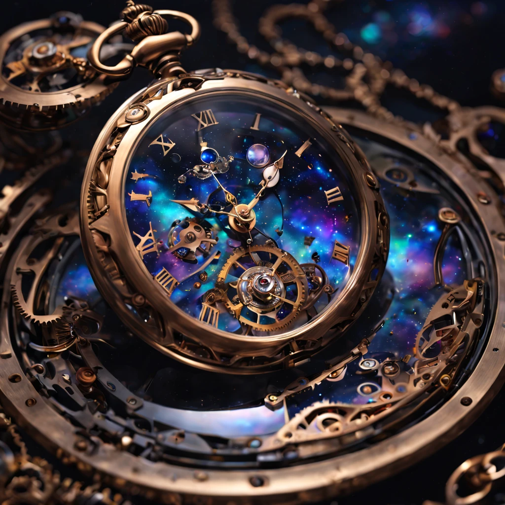 A steampunk space-time pocket watch with a stream of universes flowing into and out of it. The crystal glass surrounding the watch face has fractures within it from broken time. Glass like falling stars spills from the universal watch. 8k resolution holographic astral cosmic illustration mixed media by Pablo Amaringo