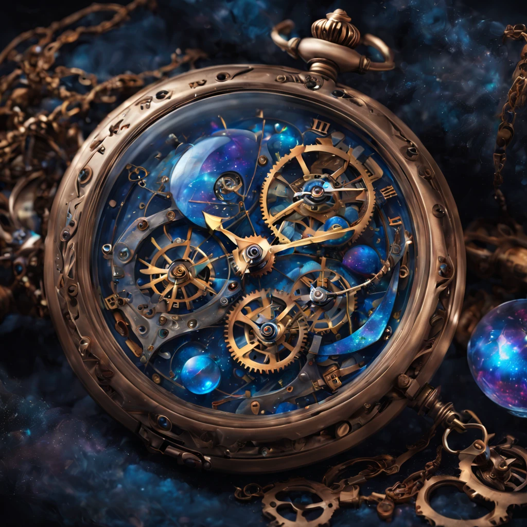 A steampunk space-time pocket watch with a stream of universes flowing into and out of it. The crystal glass surrounding the watch face has fractures within it from broken time. Glass like falling stars spills from the universal watch. 8k resolution holographic astral cosmic illustration mixed media by Pablo Amaringo