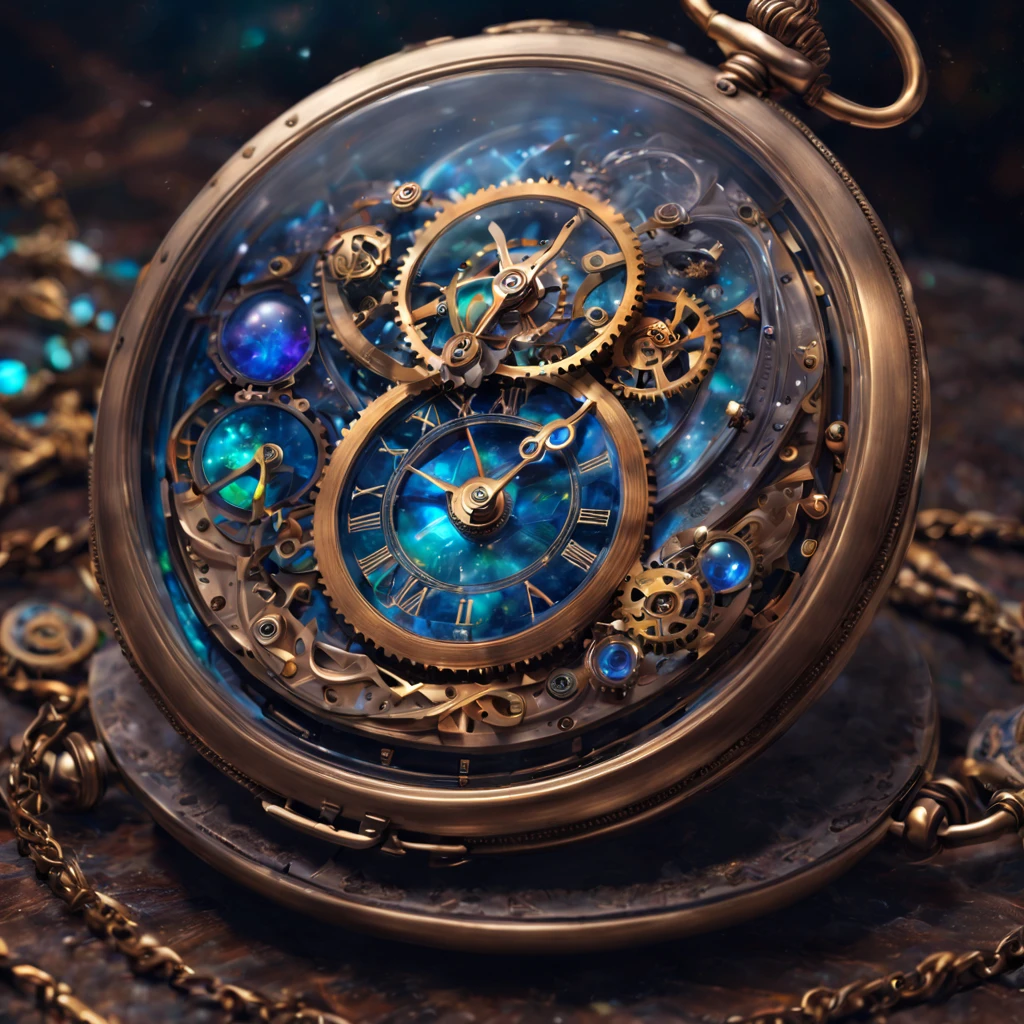 A steampunk space-time pocket watch with a stream of universes flowing into and out of it. The crystal glass surrounding the watch face has fractures within it from broken time. Glass like falling stars spills from the universal watch. 8k resolution holographic astral cosmic illustration mixed media by Pablo Amaringo