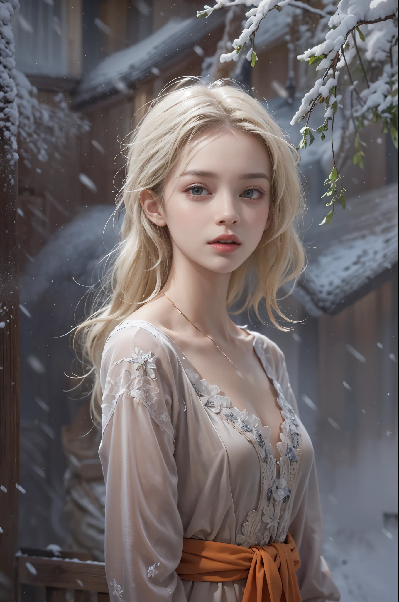 masterpiece, best quality, high quality, High definition, High quality texture, High quality shadow, high detail, beautiful detailed, finely detailed, extremely detailed cg, detailed texture, a realistic representation of the face, realistic, colorful, delicate, sharp focus, (intricate details, makeup, PureErosFace_V1:0.5), (detailed beautiful delicate face, detailed beautiful delicate eyes, a face of perfect proportion, high detailed skin, detailed skin, best ratio four finger and one thumb, skiny and thin:1.3), 1girl, , tall, (smooth_abs:1.55), (abs:0.5), pretty, masterpiece, highres, (long_skinny_legs), (straight_legs), (skinny_waist), (((fair skin))), white skin, (((pale skin))), (Emma_watson), big_breast, (((Caucasian))), Light blonde hair, orange Bandeau, orange short pleated dress, standing legs apart, looking at viewer, full body, portrait of cute blonde girl, (outside,Heavy snowfall,Cloak,Cover with snow),snowfield, bloom, white fog, motion, wispy hair, realism, high-quality rendering, stunning art, high quality, film grain, Fujifilm XT3, dreamy