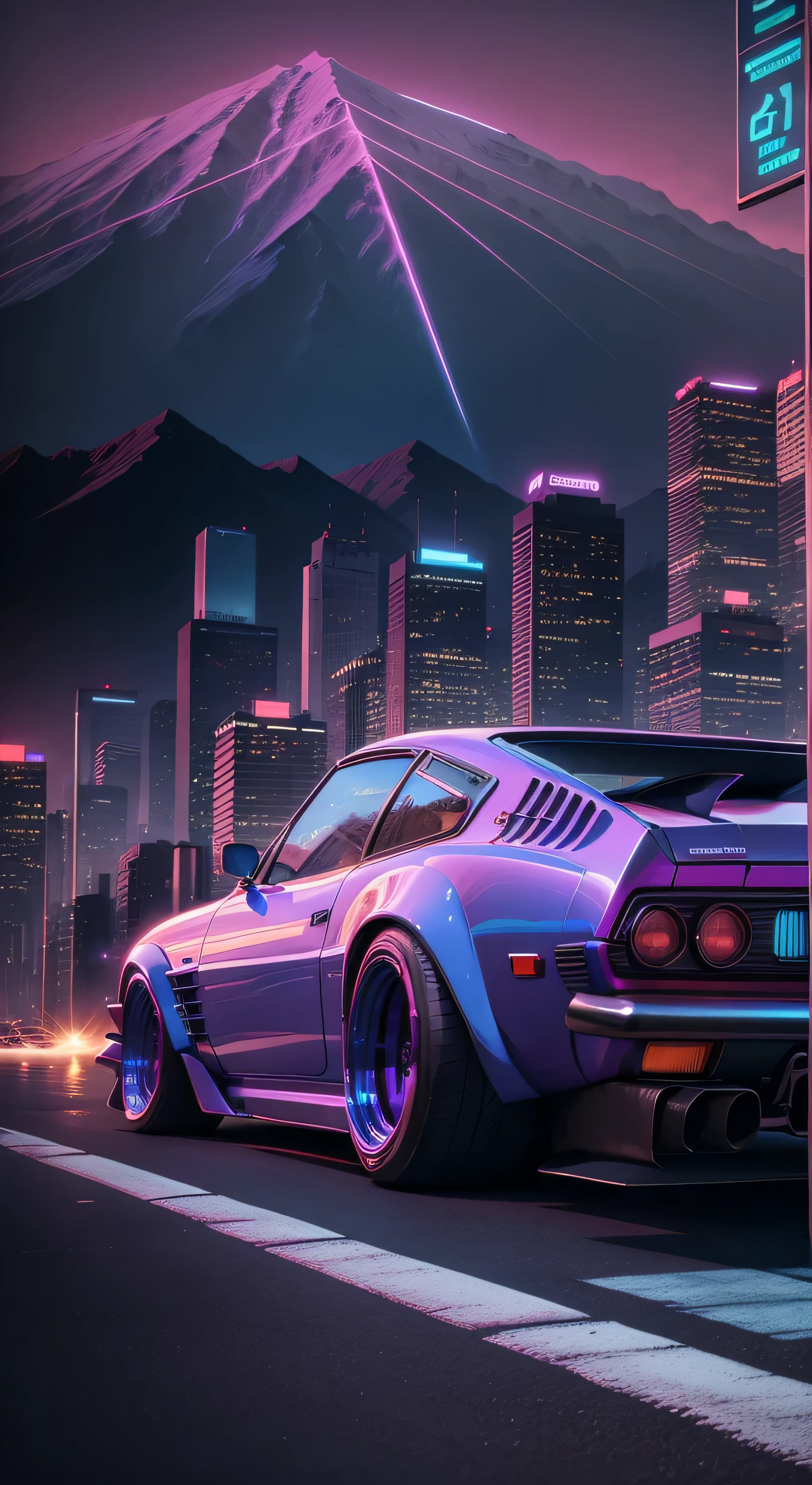 retrowave. City, 1969 Nissan S30, wide body kit, Road, PURPLE NEON MONITOR LIGHT, Sun, Mountain, (Masterpiece, Detailed, A high resolution),
