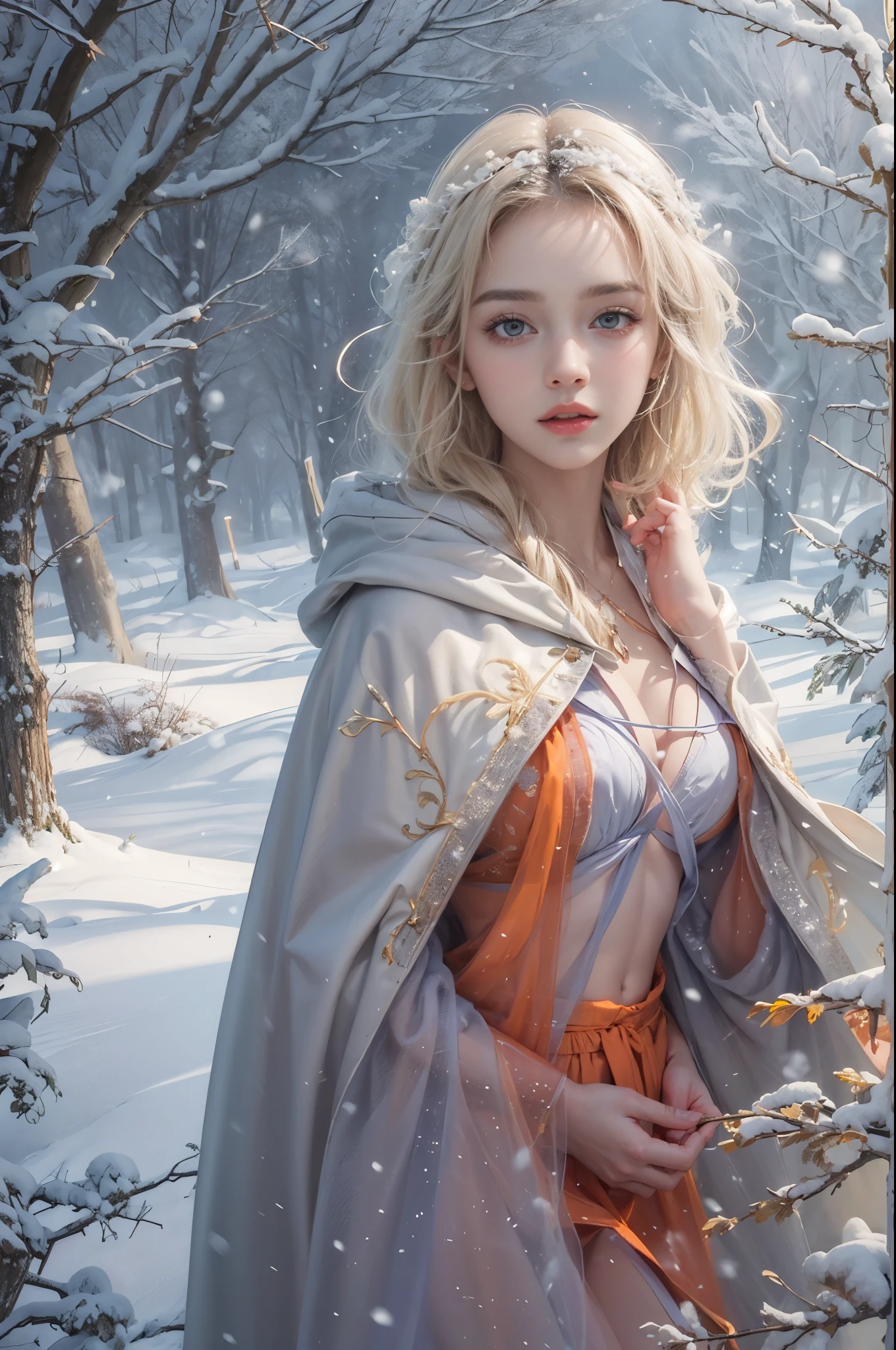 masterpiece, best quality, high quality, High definition, High quality texture, High quality shadow, high detail, beautiful detailed, finely detailed, extremely detailed cg, detailed texture, a realistic representation of the face, realistic, colorful, delicate, sharp focus, (intricate details, makeup, PureErosFace_V1:0.5), (detailed beautiful delicate face, detailed beautiful delicate eyes, a face of perfect proportion, high detailed skin, detailed skin, best ratio four finger and one thumb, skiny and thin:1.3), 1girl, , tall, (smooth_abs:1.55), (abs:0.5), pretty, masterpiece, highres, (long_skinny_legs), (straight_legs), (skinny_waist), (((fair skin))), white skin, (((pale skin))), (Emma_watson), big_breast, (((Caucasian))), Light blonde hair, orange Bandeau, orange short pleated dress, standing legs apart, looking at viewer, full body, portrait of cute blonde girl, (outside,Heavy snowfall,Cloak,Cover with snow),snowfield, bloom, white fog, motion, wispy hair, realism, high-quality rendering, stunning art, high quality, film grain, Fujifilm XT3, dreamy
