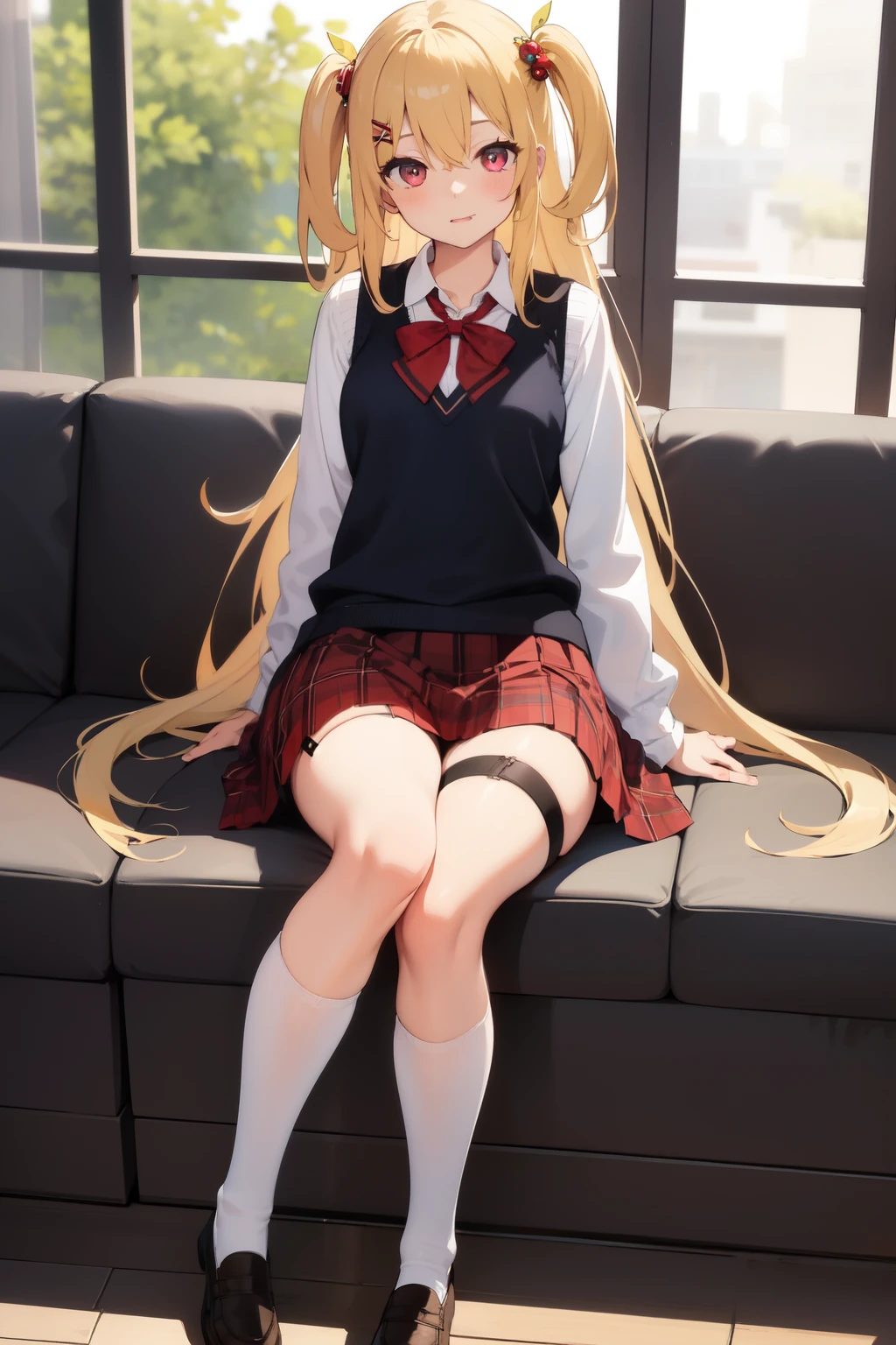 (masterpiece:1.6, best quality), (finely detailed beautiful eyes: 1.2), phyami, yamisch, 1girl, long hair, solo, school uniform, hair ornament, hair between eyes, two side up, blonde hair, very long hair, skirt, red eyes, thigh strap, sweater vest, plaid skirt, plaid, socks, two side up, hair ornament, pleated skirt, kneehighs
,