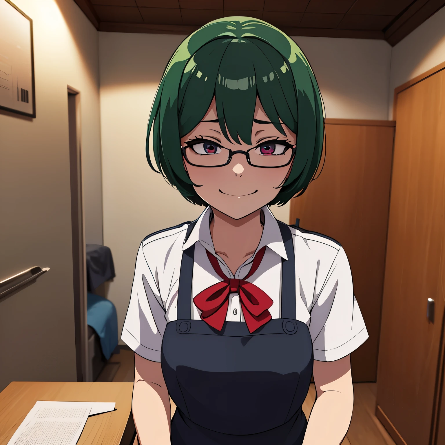 Obra maestra, high resolution, illustration, anime style of a Yandere girl and psychopath with short, dark green hair, her eyes are green and she wears glasses, she wears a  uniform that has drops of blood and she is in a basement smiling maniacally and macabre, she has a disturbed look and holds a knife kitchen with his right hand and his Uniform has red stains, Terror, psychopath、sangrienta、gotitas de sangre