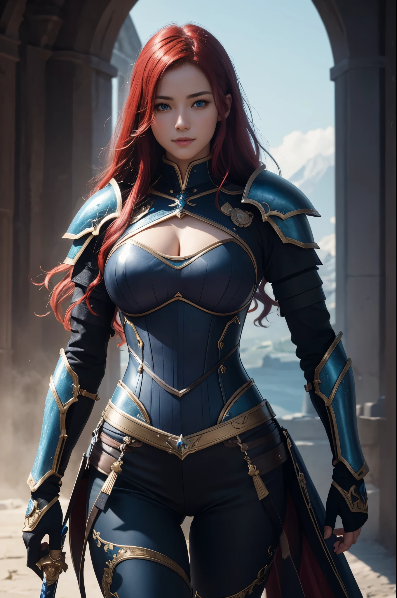 8k,ultra high resolution,((best image quality)), ((masterpiece)), (high detail:1.3), Jeanne d'Arc,paladin,blue eyes,red hair perm hair blue,woman wearing black armor(精密な金色のpaladinの紋章の細工)、cleavage,We also paid special attention to the decoration of the chest armor..、beautiful expression,Charm,sexy,super beautiful(like the real thing),carry a large and long sword,smile,luxury black pants,blue-black shoulder armor,blue-black armor,blue-black leg armor,muscular slim body,ripped abs,Muscular thin lower body,masterpiece,Photorealistic RAW photos of the highest quality。bright colors,rich colors, Backlight, cinematic lighting, film grain, to be born, 50mm lens, Nikon D850,realistic skin,fantasy art,character art,ultra high resolution,