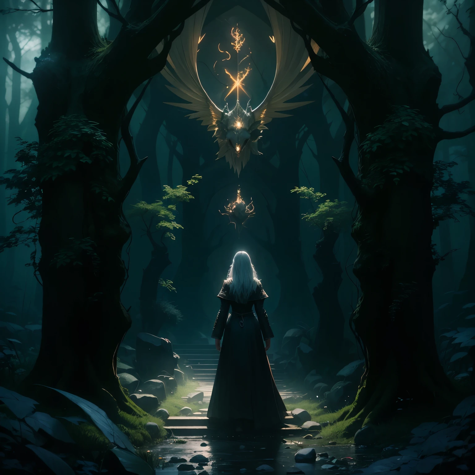 Uma floresta encantada, filme de terror, labirinto do fauno, dark art, dramatic light, Gothic art, cinematic lighting, god rays, ray tracing, UHD, masterpiece, super detail, high details, award winning, the witcher color scheme.