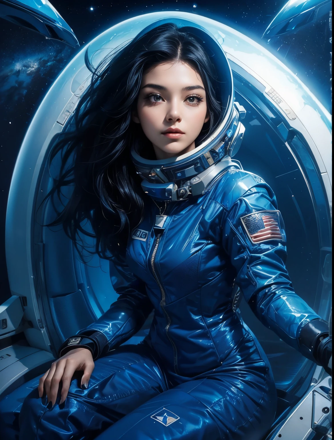 A beautiful woman. Black hair. Twenty years old. She is wearing a blue-based space suit. She's in a spaceship.