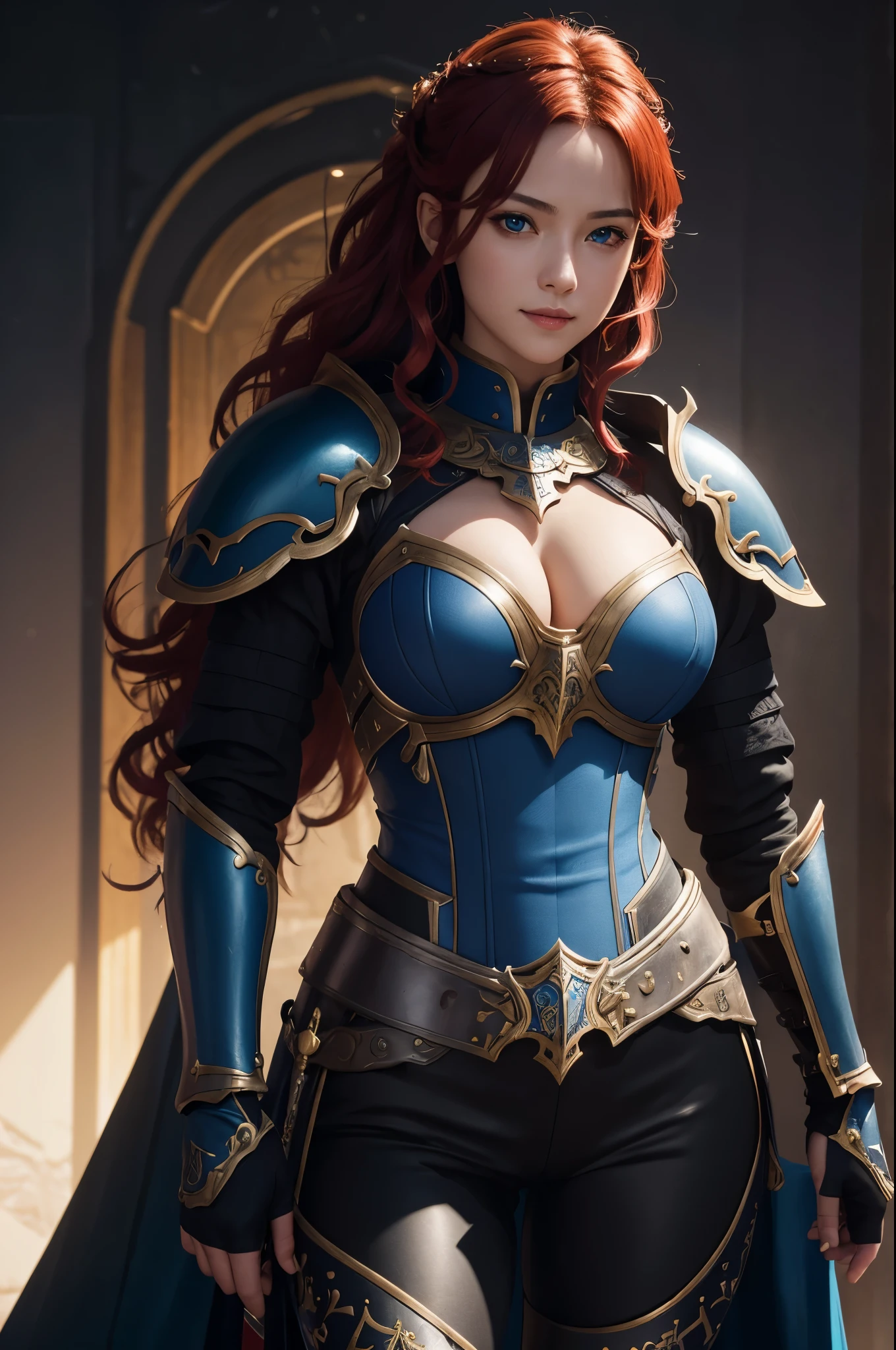 8k,ultra high resolution,((best image quality)), ((masterpiece)), (high detail:1.3), Jeanne d'Arc,paladin,blue eyes,red hair perm hair blue,woman wearing black armor(精密な金色のpaladinの紋章の細工)、cleavage,We also paid special attention to the decoration of the chest armor..、beautiful expression,Charm,sexy,super beautiful(like the real thing),carry a large and long sword,smile,luxury black pants,blue-black shoulder armor,blue-black armor,blue-black leg armor,muscular slim body,ripped abs,Muscular thin lower body,masterpiece,Photorealistic RAW photos of the highest quality。bright colors,rich colors, Backlight, cinematic lighting, film grain, to be born, 50mm lens, Nikon D850,realistic skin,fantasy art,character art,ultra high resolution,