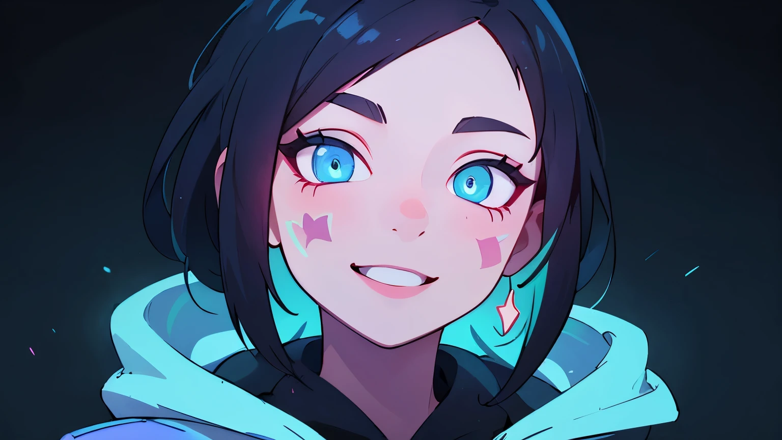 ((best quality)), ((masterpiece)), (detailed), perfect face, detailed background, masterpiece, best quality, smile, ornament, hoodie, portrait, blue neon, graffiti, dark, night, glowing eyes, blacklight
