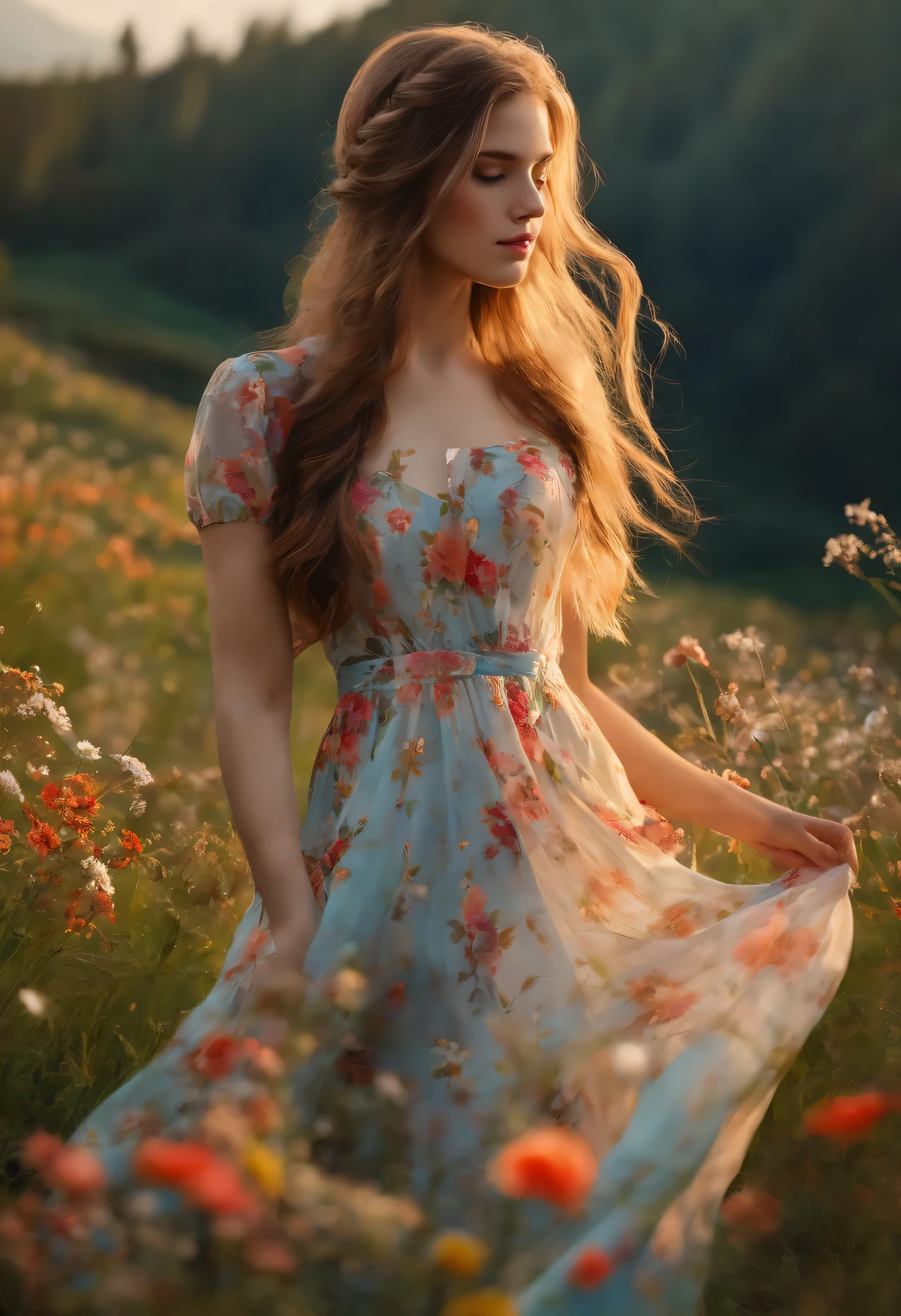 est quality, masterpiece, 1girl, pretty, reflected light, mid-chest, Colorful dress, long hair, cute, flowery meadow,