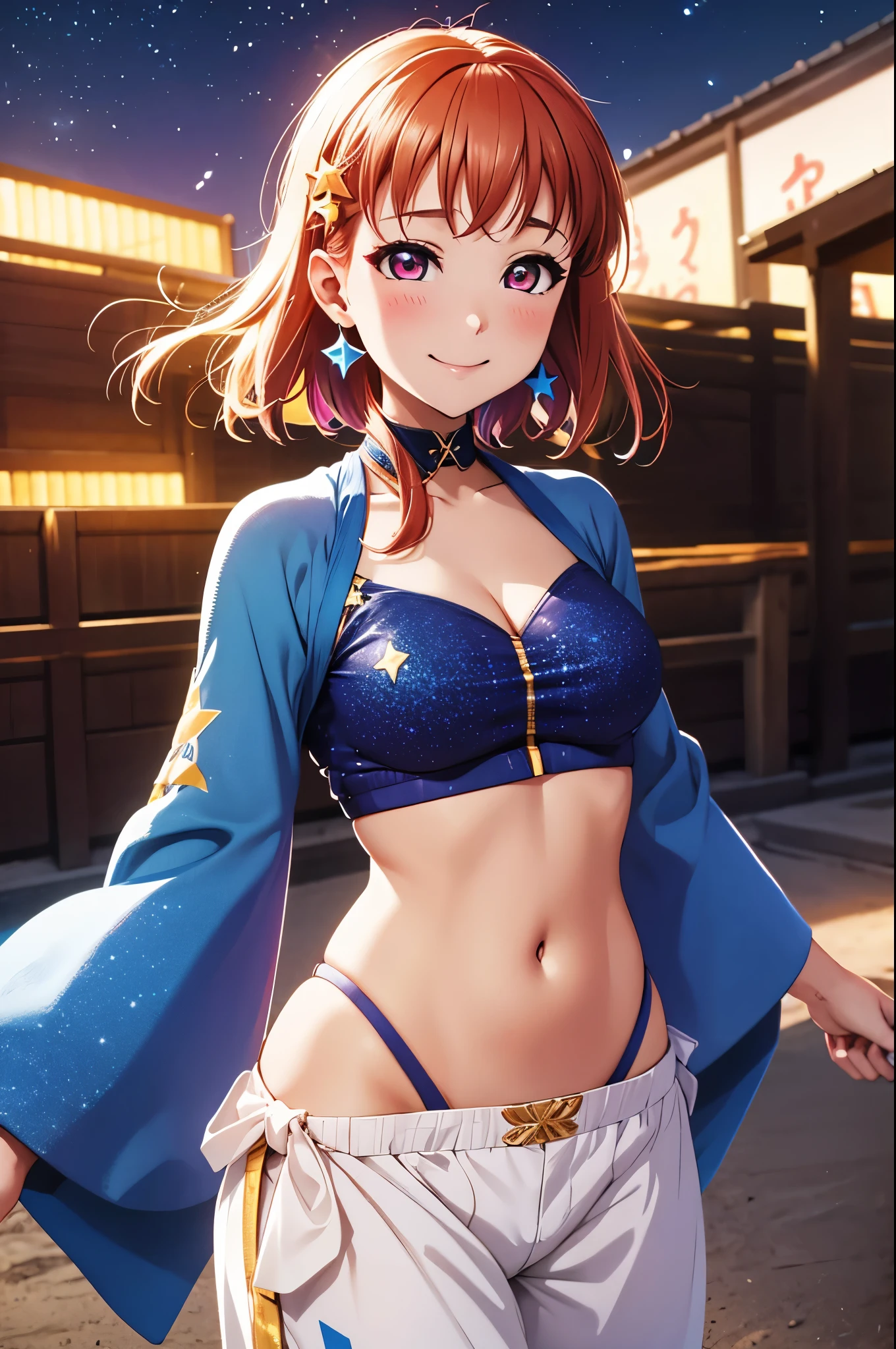 (best quality,4k,8k,highres,masterpiece:1.2), ultra-detailed,takami chika,  blue crop top with shining stars, white harem pants, dancing,in desert, veil, visible thong straps, smile , night ,pink eyes 