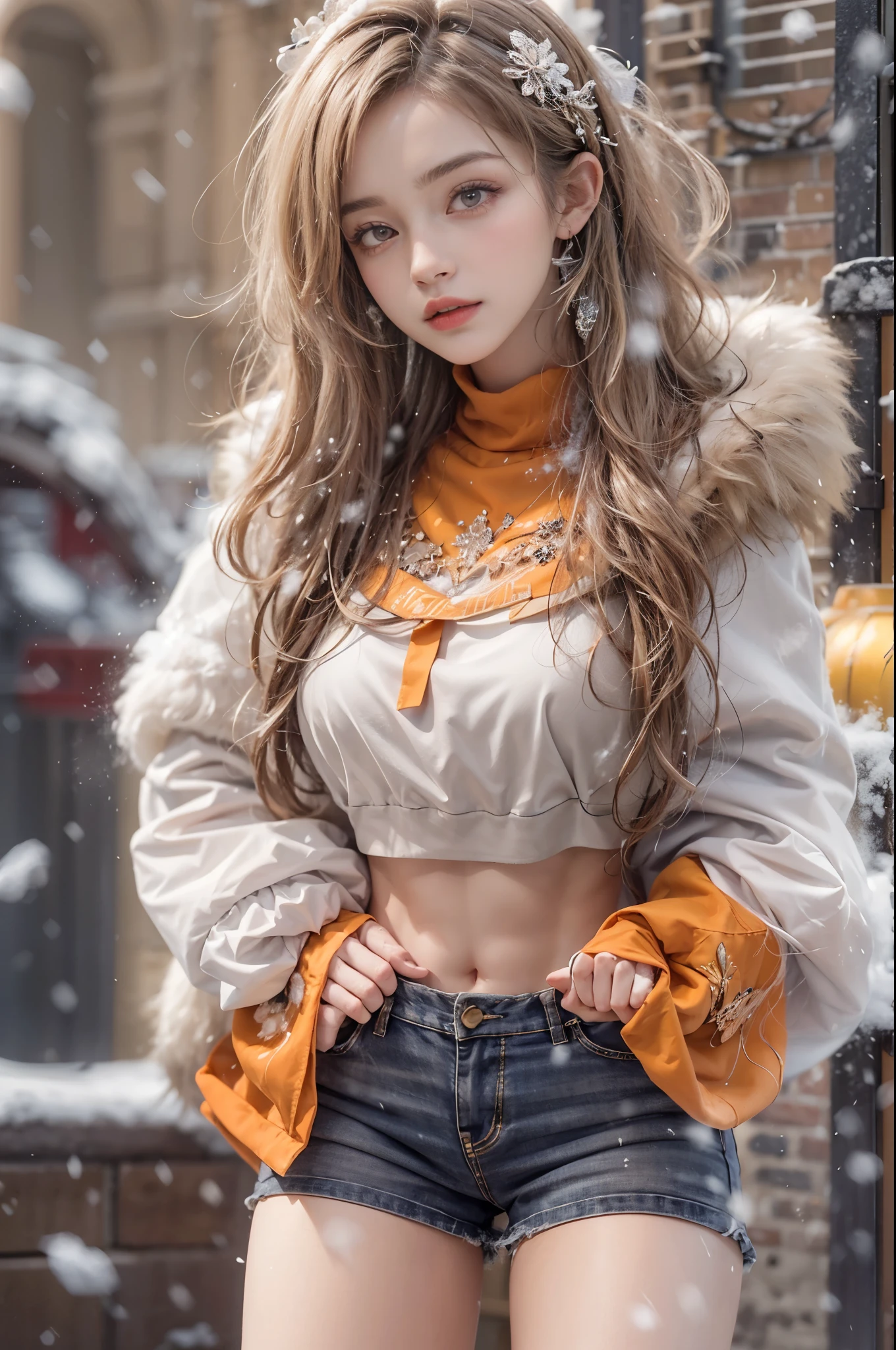masterpiece, best quality, high quality, High definition, High quality texture, High quality shadow, high detail, beautiful detailed, finely detailed, extremely detailed cg, detailed texture, a realistic representation of the face, realistic, colorful, delicate, sharp focus, (intricate details, makeup, PureErosFace_V1:0.5), (detailed beautiful delicate face, detailed beautiful delicate eyes, a face of perfect proportion, high detailed skin, detailed skin, best ratio four finger and one thumb, skiny and thin:1.3), 1girl, , tall, (smooth_abs:1.55), (abs:0.5), pretty, masterpiece, highres, (long_skinny_legs), (straight_legs), (skinny_waist), (((fair skin))), white skin, (((pale skin))), (Emma_watson), big_breast, (((Caucasian))), Light blonde hair, orange Bandeau, orange short pleated skirt, standing legs apart, looking at viewer, full body, portrait of cute blonde girl, (outside,Heavy snowfall,Cloak,Cover with snow),showing abdomen, snowfield, bloom, white fog, motion, wispy hair, realism, high-quality rendering, stunning art, high quality, film grain, Fujifilm XT3, dreamy