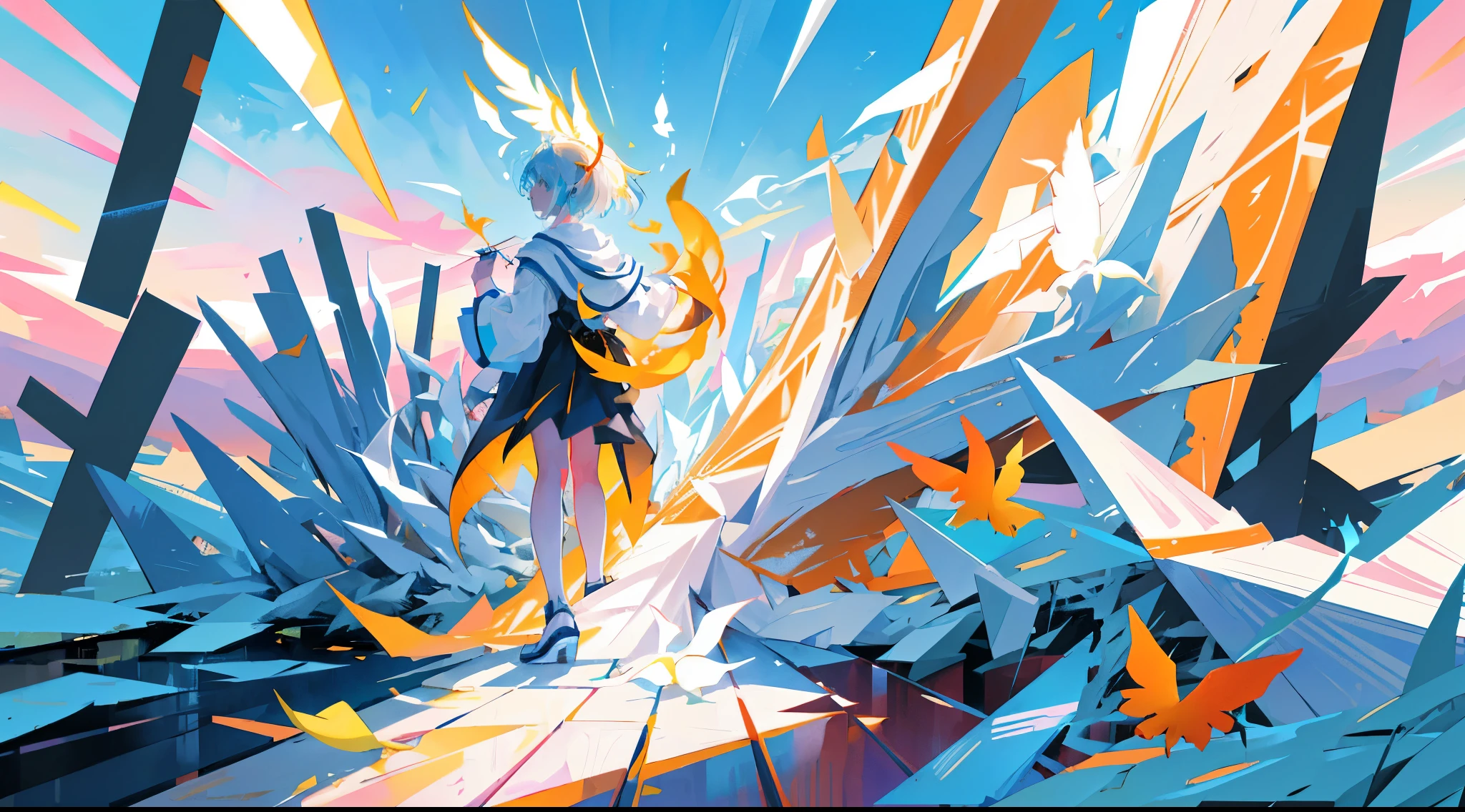 In the ethereal scene of an endless sky, a flock of origami white cranes takes flight. Their delicate paper wings cut against the vivid, tessellated backdrop of a multicolored horizon. The cinematic play of light casts intricate shadows, providing sharp focus to each intricately folded fold.

Captured in unparalleled detail, this image boasts an Ultra High Definition (UHD) resolution of 8k, ensuring a stunningly lifelike viewing experience. The High Dynamic Range (HDR) technique heightens the contrasts between the cranes' pristine white and the vibrant, multicolored sky, while professionally color-graded