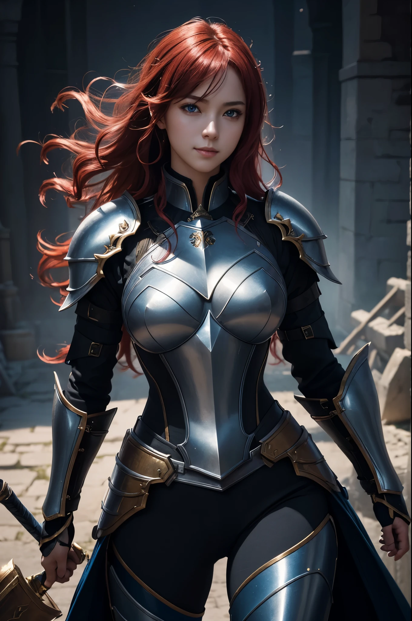 8k,ultra high resolution,((best image quality)), ((masterpiece)), (high detail:1.3), Jeanne d&#39;Arc,paladin,blue eyes,red hair perm hair blue,woman wearing black armor(精密な金色のpaladinの紋章の細工)、cleavage,We also paid special attention to the decoration of the chest armor..、beautiful expression,Charm,sexy,super beautiful(like the real thing),carry a large and long sword,smile,luxury black pants,blue-black shoulder armor,blue-black armor,blue-black leg armor,masterpiece,Photorealistic RAW photos of the highest quality。bright colors,rich colors, Backlight, cinematic lighting, film grain, to be born, 50mm lens, Nikon D850,realistic skin,fantasy art,character art,ultra high resolution,