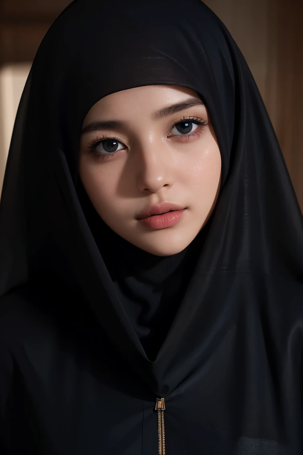 Beautiful pictures , Very close-up shot, Headshot of her front to the camera, Skin is smooth and radiant, Film quality, Ultra-realistic , She is in deep darkness ,Soft accents, Big boob, Brown hair,  ,  One-person viewpoint,  Textured skin, Super Detail, blue Eyes, long bangs, ((abaya　niqab))