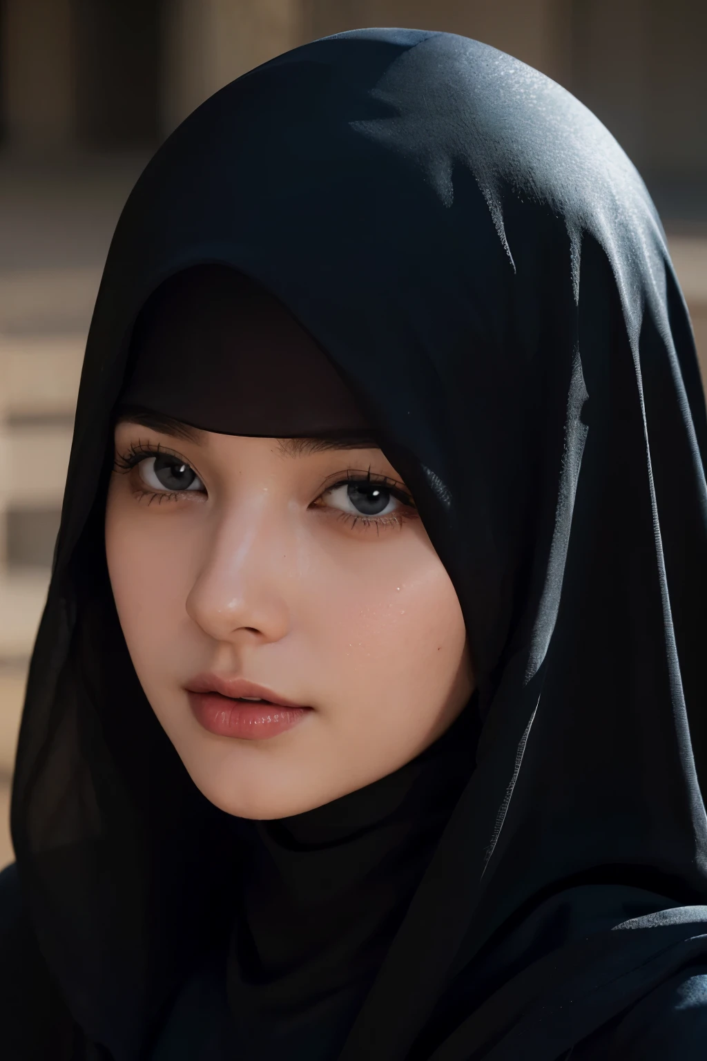 Beautiful pictures , close-up shot, Headshot of her front to the camera, Skin is smooth and radiant, Film quality, Ultra-realistic , She is in deep darkness ,Soft accents, Big boob, Brown hair, , One-person viewpoint, Textured skin, Super Detail, blue Eyes, long bangs, ((abaya niqab))