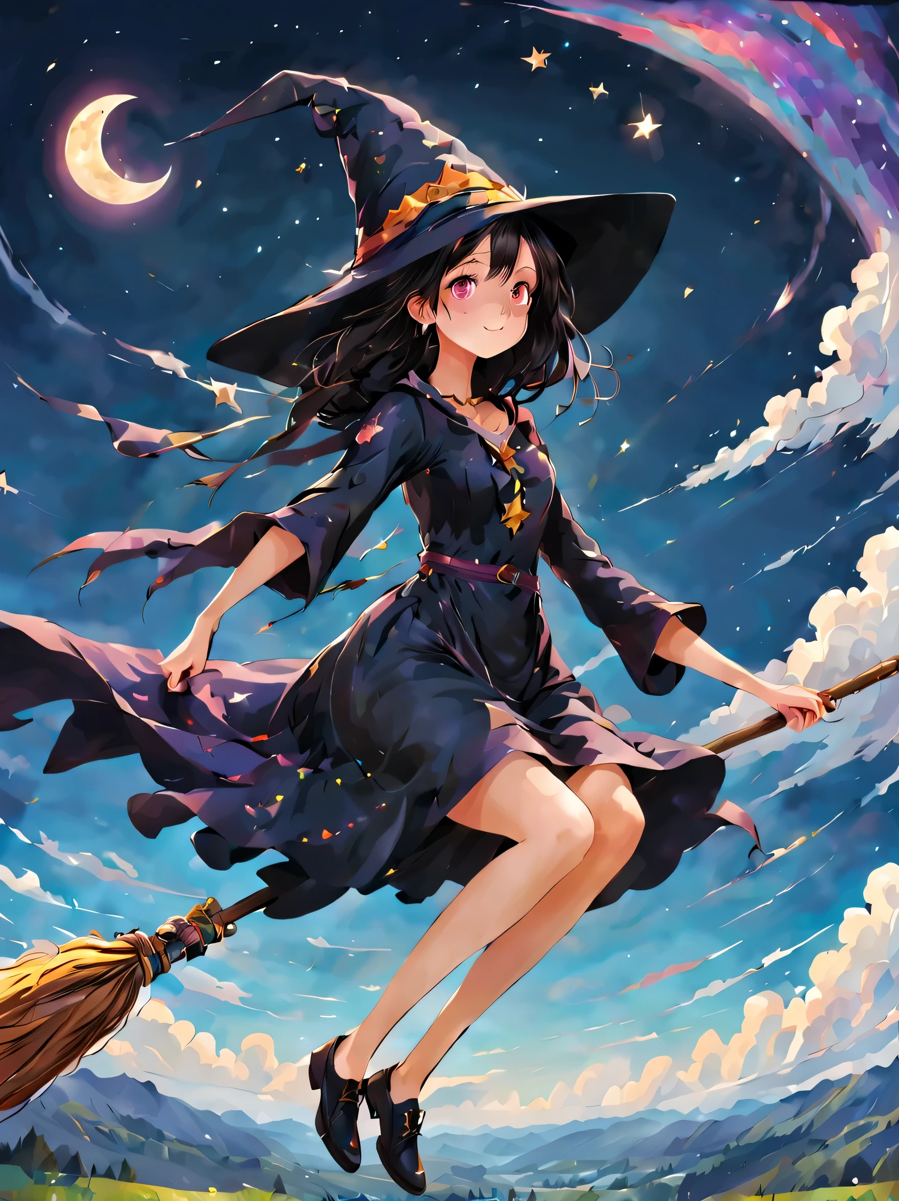 1 girl,Flying Witch,Broom ride,night sky,cloud,star,moon,shine,rich colors,Cast colorful spells,magic effect,be familiar with,beautiful,masterpiece,perfect face,cute,anatomically correct