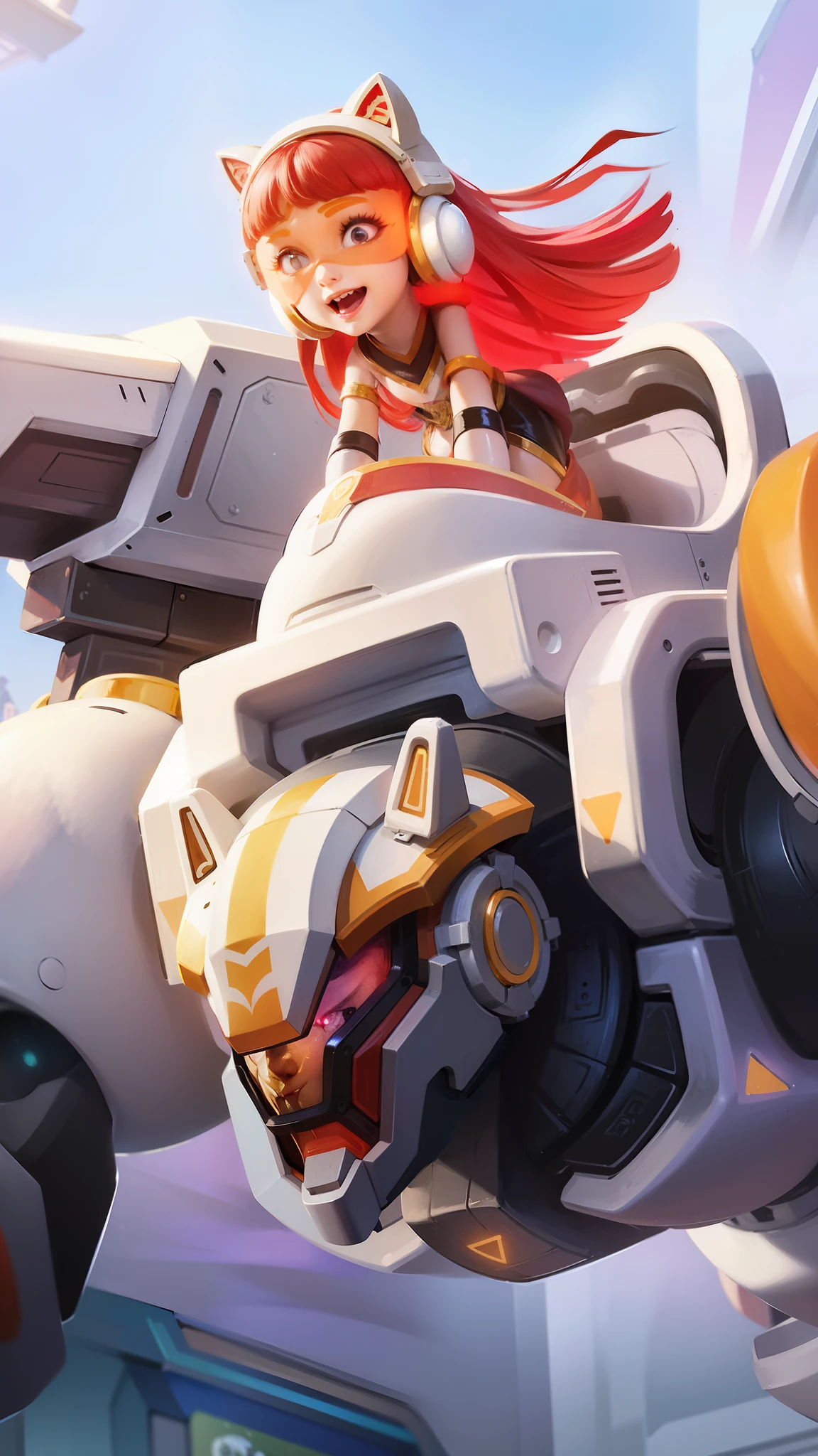 a close up of a woman wearing a red hood like a ruby wearing a patch over one eye, shadowbringers cinematic, 4 k detail fantasy, a beautiful fantasy empress, game cg, xianxia fantasy, xianxia hero, 2. 5 d cgi anime fantasy artwork, cinematic goddess close shot, ruan jia and artgerm, wow 4 k detail fantasy, hyperdetailed fantasy character, A with red hair riding a big humanoid robots,cat headphone, futuristic era, colorful, Future city, ultra details, Best quality, a future age potrait, masterpiece, realistic, 8k, high resolution.