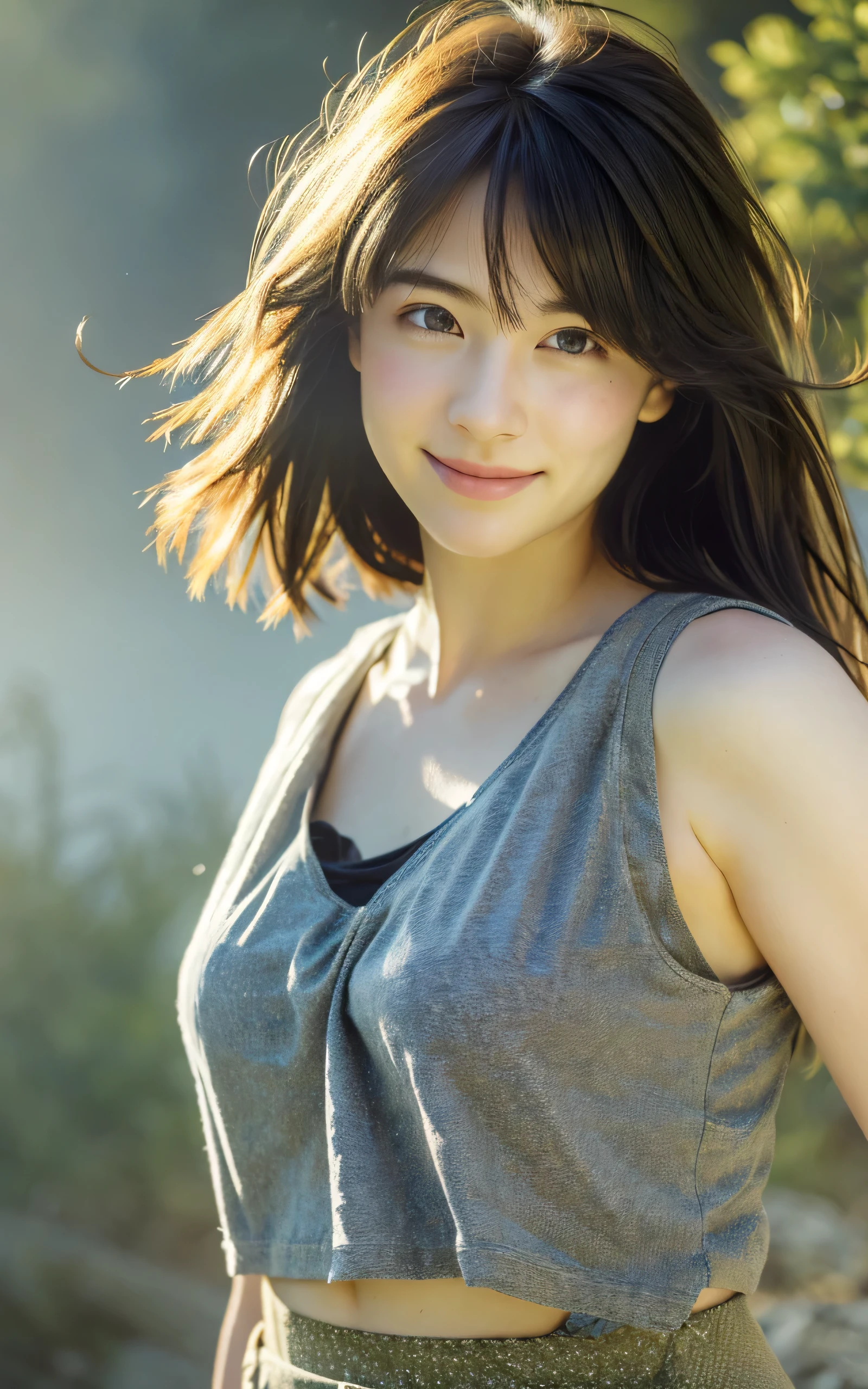 photo-realistic, surreal, cinematic lighting, 32K, 1 girl, (lost heart:1.2), shy smile, Backlight, bright light, (Improvement of quality:1.4), (Highest quality realistic textured skin:1.4), detailed eyes, detailed face, medium hair, hair blowing in the wind, bangs, Tank top, skirt, (Enhances the beauty of skin texture:1.1), matte texture, misty morning forest,