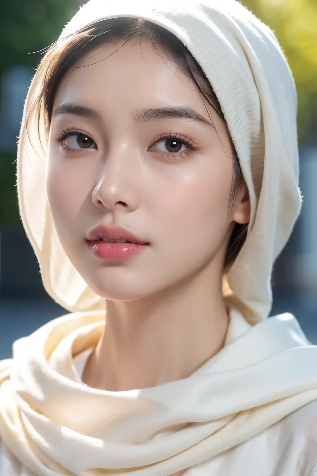 Photo portrait of a beautiful Bandung girl wearing a hijab and dimples, around 17 years old, (plain black hijab), (portrait medium shot:1.3), dramatic light, Rembrandt lighting scheme, (hyperrealism:1.2), (8K UHD: 1.2), ( photorealistic:1.2), shot with Canon EOS 5D Mark IV, facial detail, skin texture detail, smooth, flawless skin, glowing complexion, silky touch, even texture, blemish-free, radiant appearance, youthful look, soft and supple skin, poreless, perfect skin tone, porcelain-like complexion, velvety smoothness, dewy and fresh skin, natural beauty, healthy and vibrant skin, standing in street