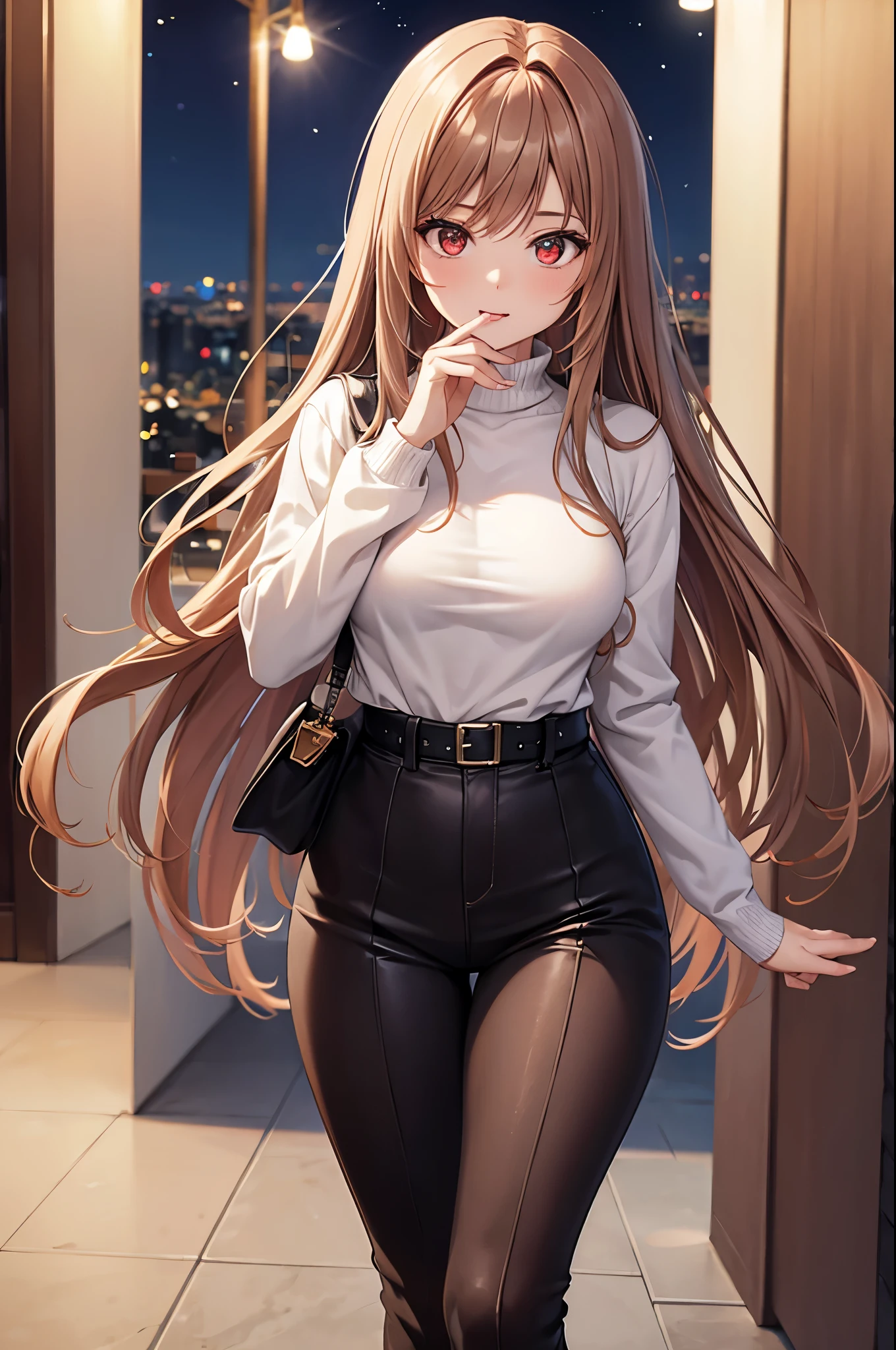 Game , goddess of victory nikke, Rapi , light brown hair,  alluring eyes ,beautiful face , crystal red eyes ,  long hair ,sweater shirt, cream colour shirt, trousers, cheerful eyes, ,g cup breast, slender waist, bewitching thighs, , five fingers each hand, two hand ,two leg , in town, date, hunch over, standing, beautiful, high heels, night life