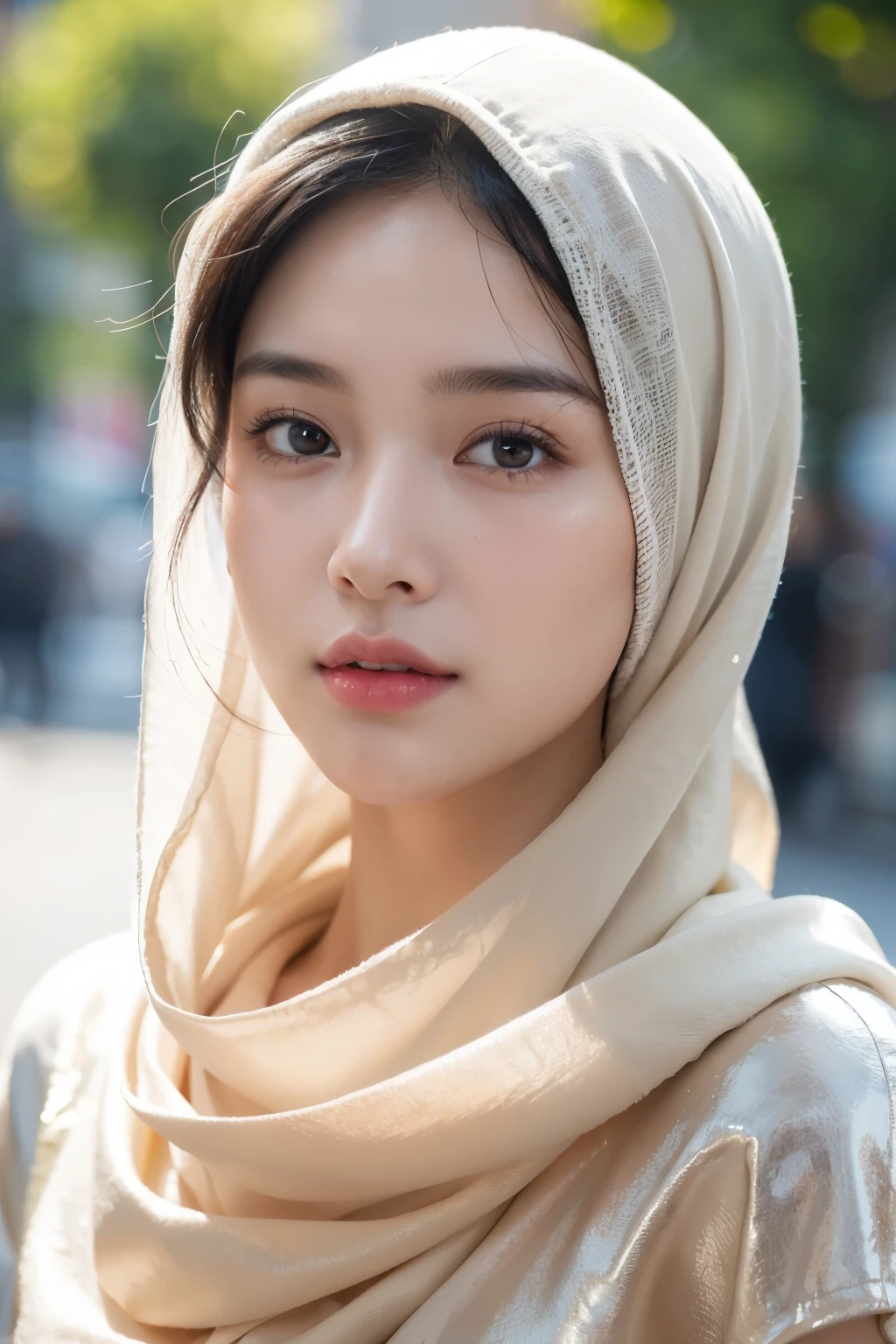 Photo portrait of a beautiful Bandung girl wearing a hijab and dimples, around 17 years old, (plain black hijab), (portrait medium shot:1.3), dramatic light, Rembrandt lighting scheme, (hyperrealism:1.2), (8K UHD: 1.2), ( photorealistic:1.2), shot with Canon EOS 5D Mark IV, facial detail, skin texture detail, smooth, flawless skin, glowing complexion, silky touch, even texture, blemish-free, radiant appearance, youthful look, soft and supple skin, poreless, perfect skin tone, porcelain-like complexion, velvety smoothness, dewy and fresh skin, natural beauty, healthy and vibrant skin, standing in street