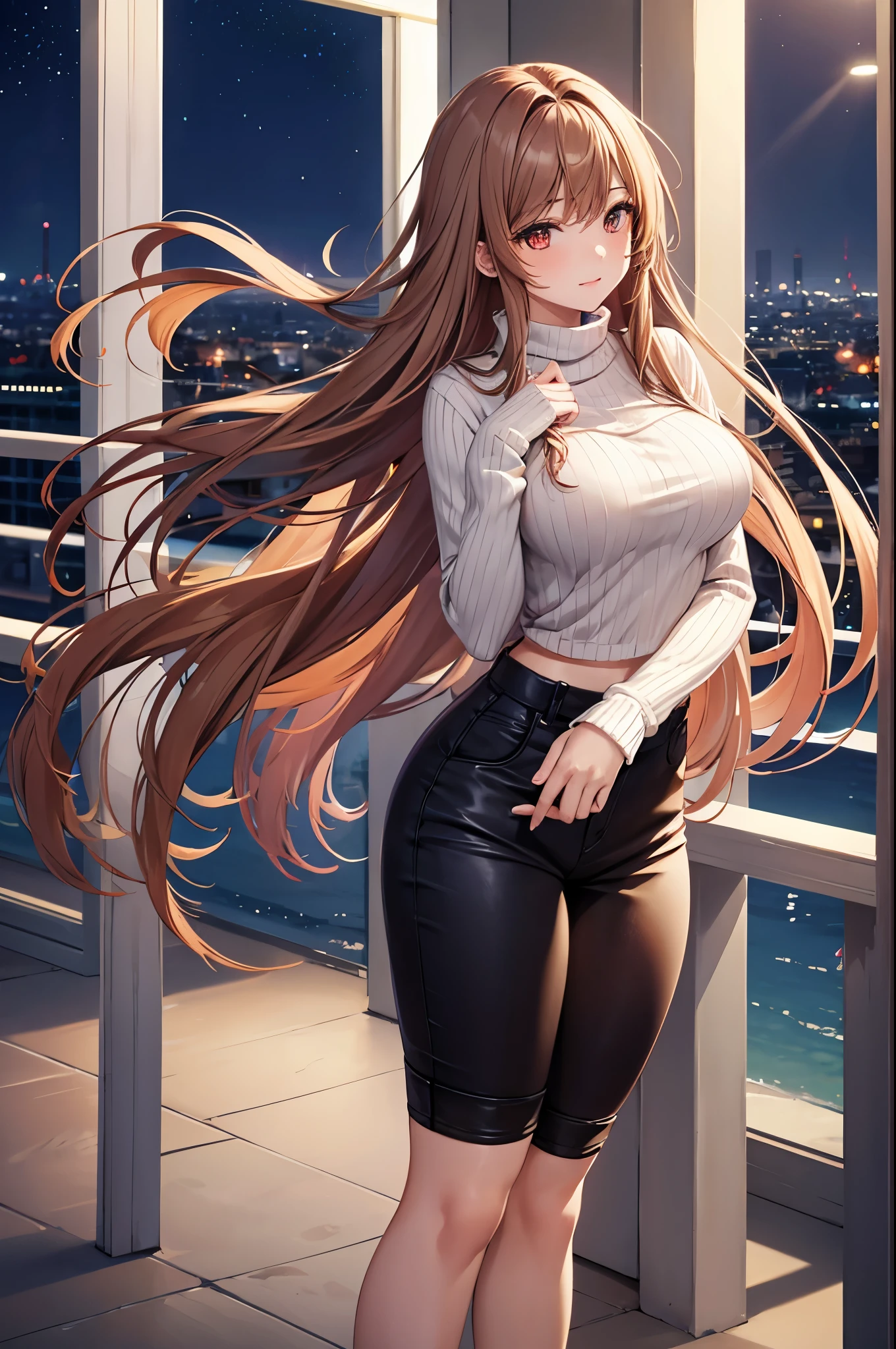 Game , goddess of victory nikke, Rapi , light brown hair,  alluring eyes ,beautiful face , crystal red eyes ,  long hair ,sweater shirt, cream colour shirt, trousers, cheerful eyes, ,g cup breast, slender waist, bewitching thighs, , five fingers each hand, two hand ,two leg , in town, date, hunch over, standing, beautiful, high heels, night life