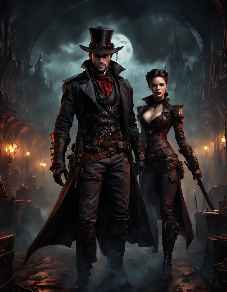 Demon and Vampire Hunter, steampunck, Dark Fantasy, high detail, hyperrealistic, cinematic frame, a high resolution