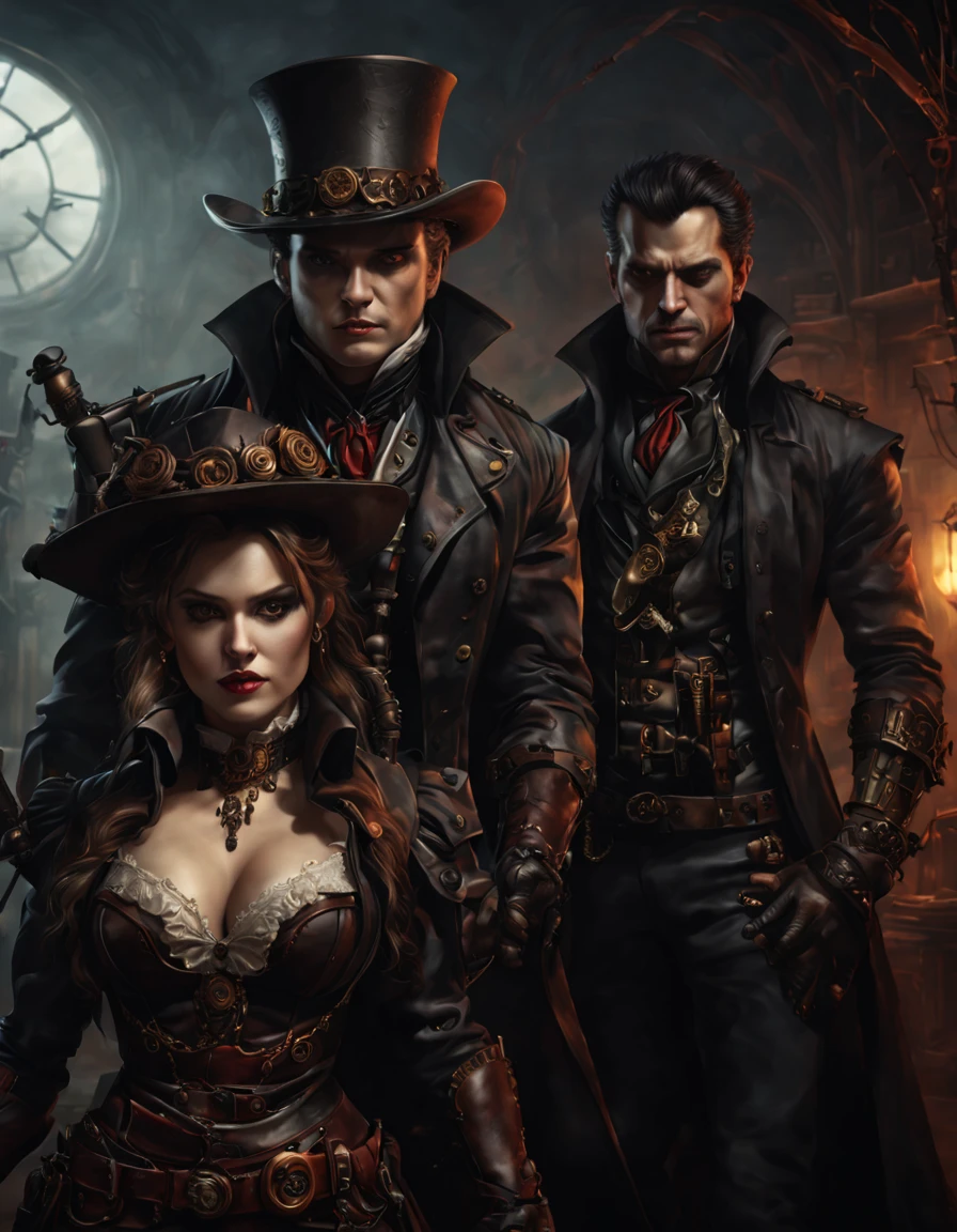 Demon and Vampire Hunter, steampunck, Dark Fantasy, high detail, hyperrealistic, cinematic frame, a high resolution