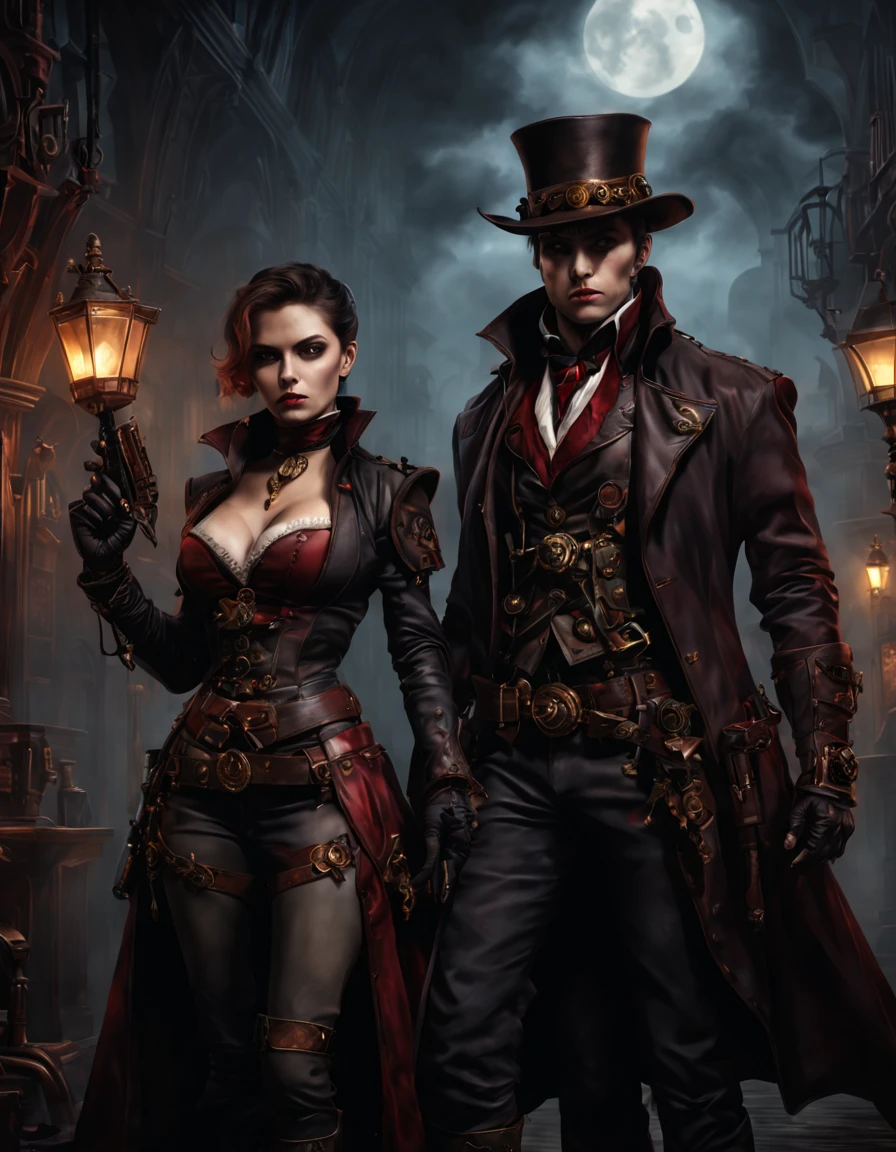 Demon and Vampire Hunter, steampunck, Dark Fantasy, high detail, hyperrealistic, cinematic frame, a high resolution