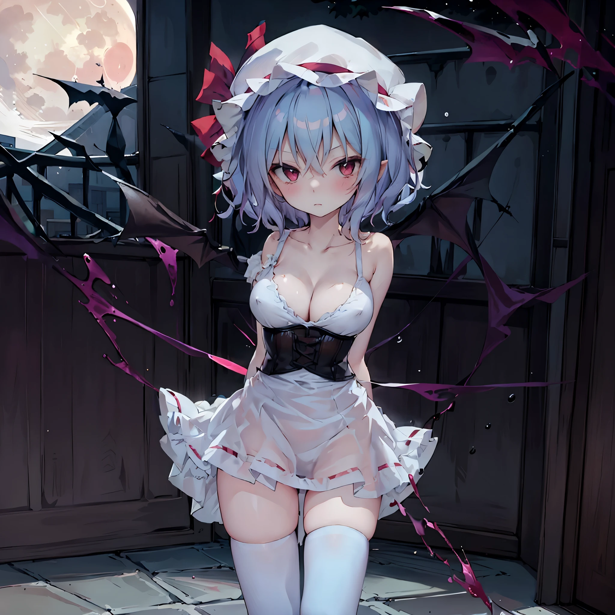 (Remilia toho character standing on the deck of mansion:1.3), (solo), skinny, a full moon, midnight, BREAK, short hair, collarbone, (emphasize small very perky breasts:1.5), (emphasize cleavage:1.5), (inconceivably thin narrow waist:1.3), (very short thin torso:1.2), very long (thin legs), emphasize thigh gap, (arms behind back:1.5), BREAK, (very short sheer white dress squeeze breasts:1.5), (dress lift breasts up:1.5), (inconceivably wiry narrow brown corset cinches waist too tight:1.5), (frilled too short white miniskirt), (light blue thighhighs), BREAK, nose blush